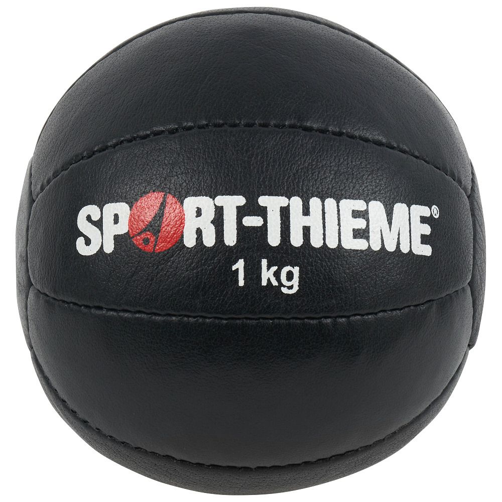 Schwarzer Medizinball. Sport-Thieme Logo und 1 kg Gewicht. Rund, genähtes Design.