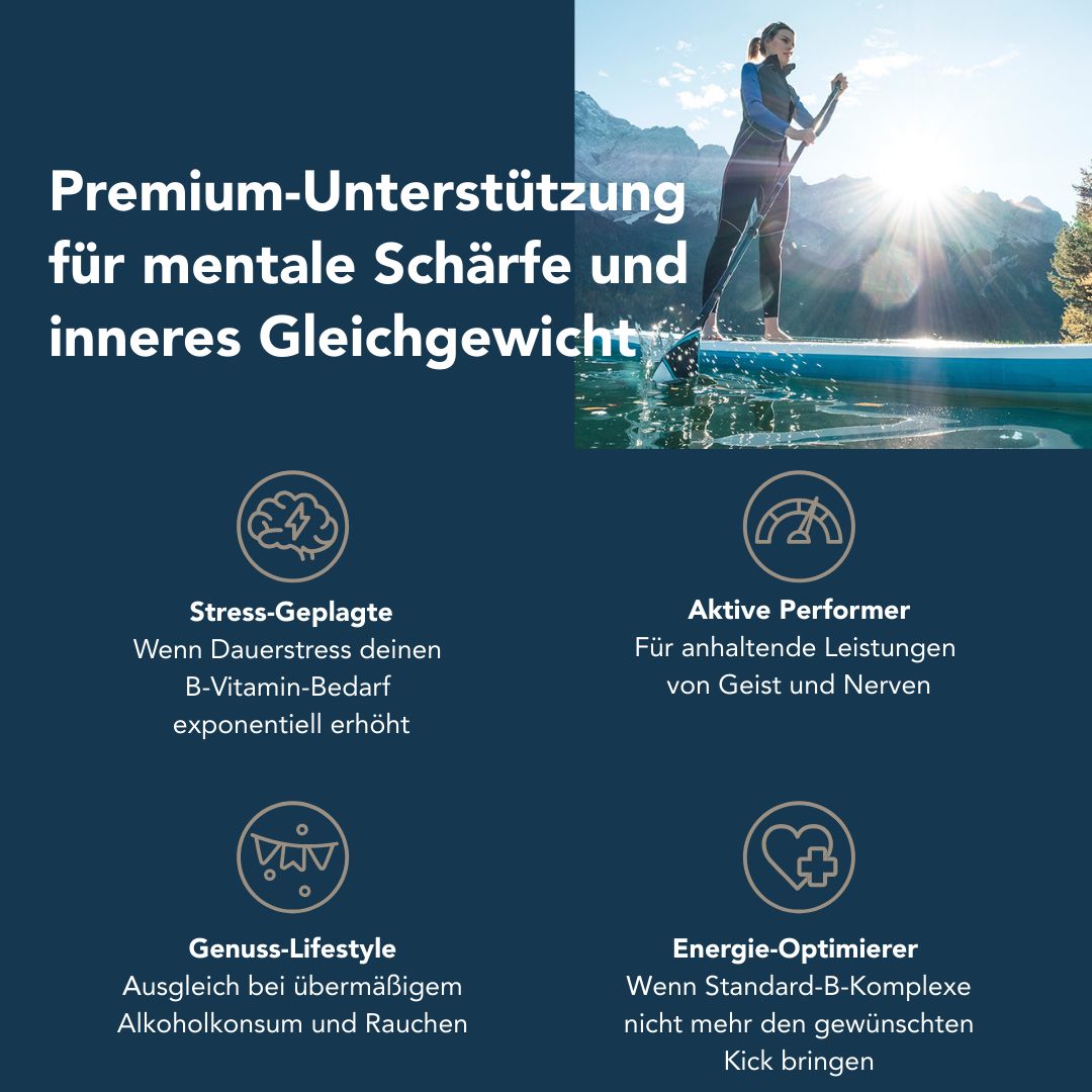 Grafik mit vier Icons und Text. Thema: Premium-Unterstützung für mentale Schärfe und inneres Gleichgewicht. Keine Produktabbildung.