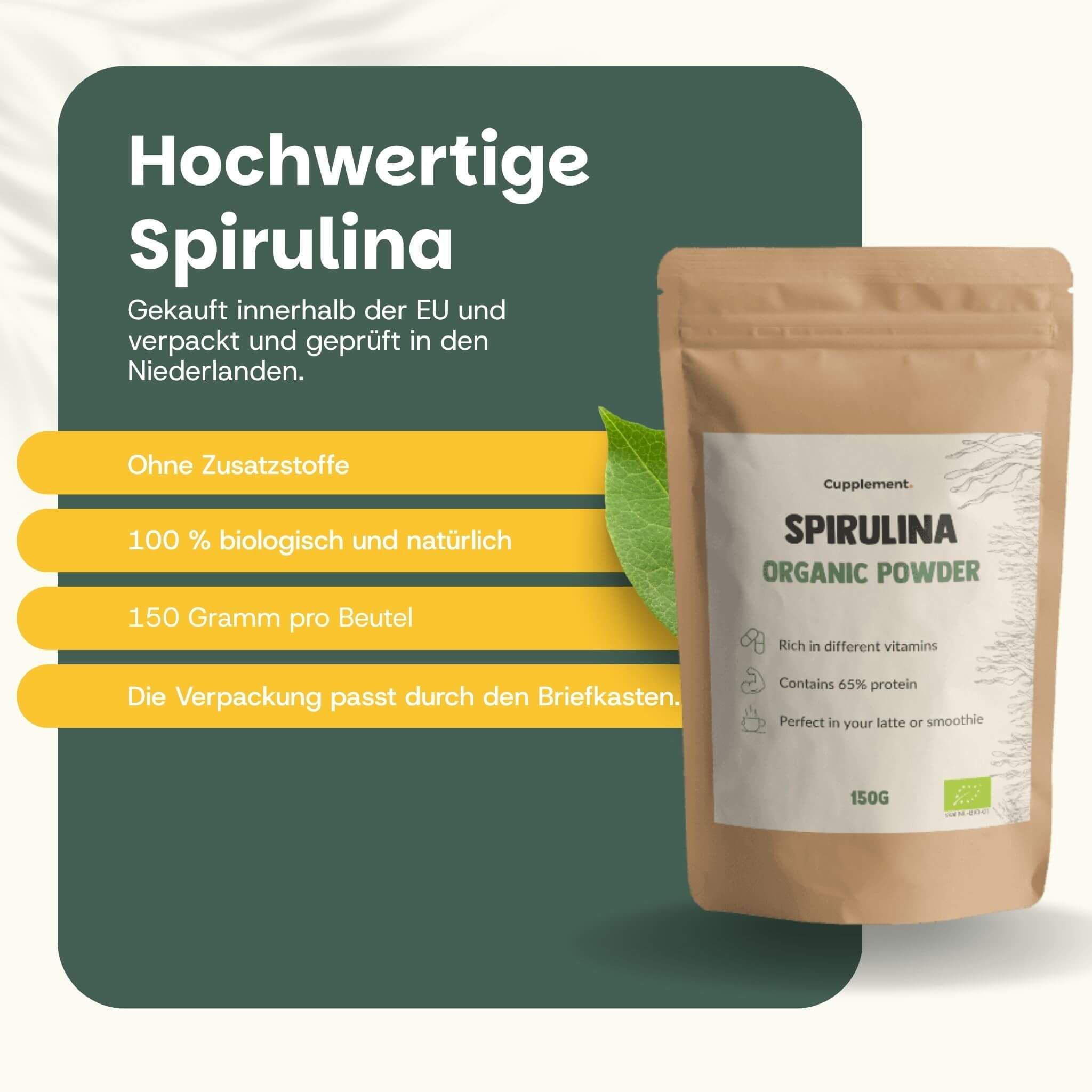 Beutel Cupplement Spirulina BIO. Braune Verpackung mit weißem Etikett. 150g. Ohne Zusatzstoffe, 100% biologisch.