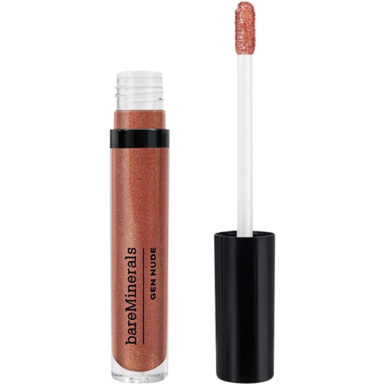 Geöffnete Lippenlack-Tube mit Applikator. Schwarzer Deckel, transparente Tube. Aufschrift: bareMinerals, GEN NUDE. Inhalt: bronzefarbene Flüssigkeit.