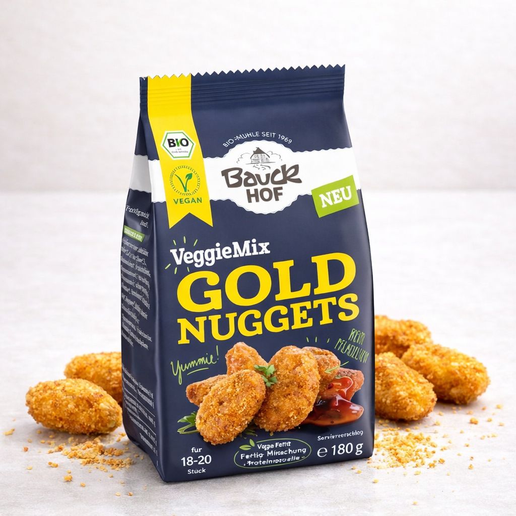Bauckhof VeggieMix Gold Nuggets Packung mit Nuggets.