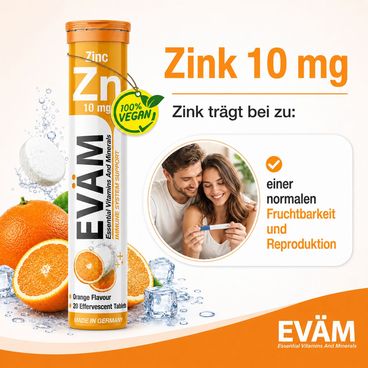 EVÄM Zink Brausetablette. Zink 10 mg. 20 Tabletten. Vegan-Siegel. Zink trägt bei zu: Fruchtbarkeit und Reproduktion.