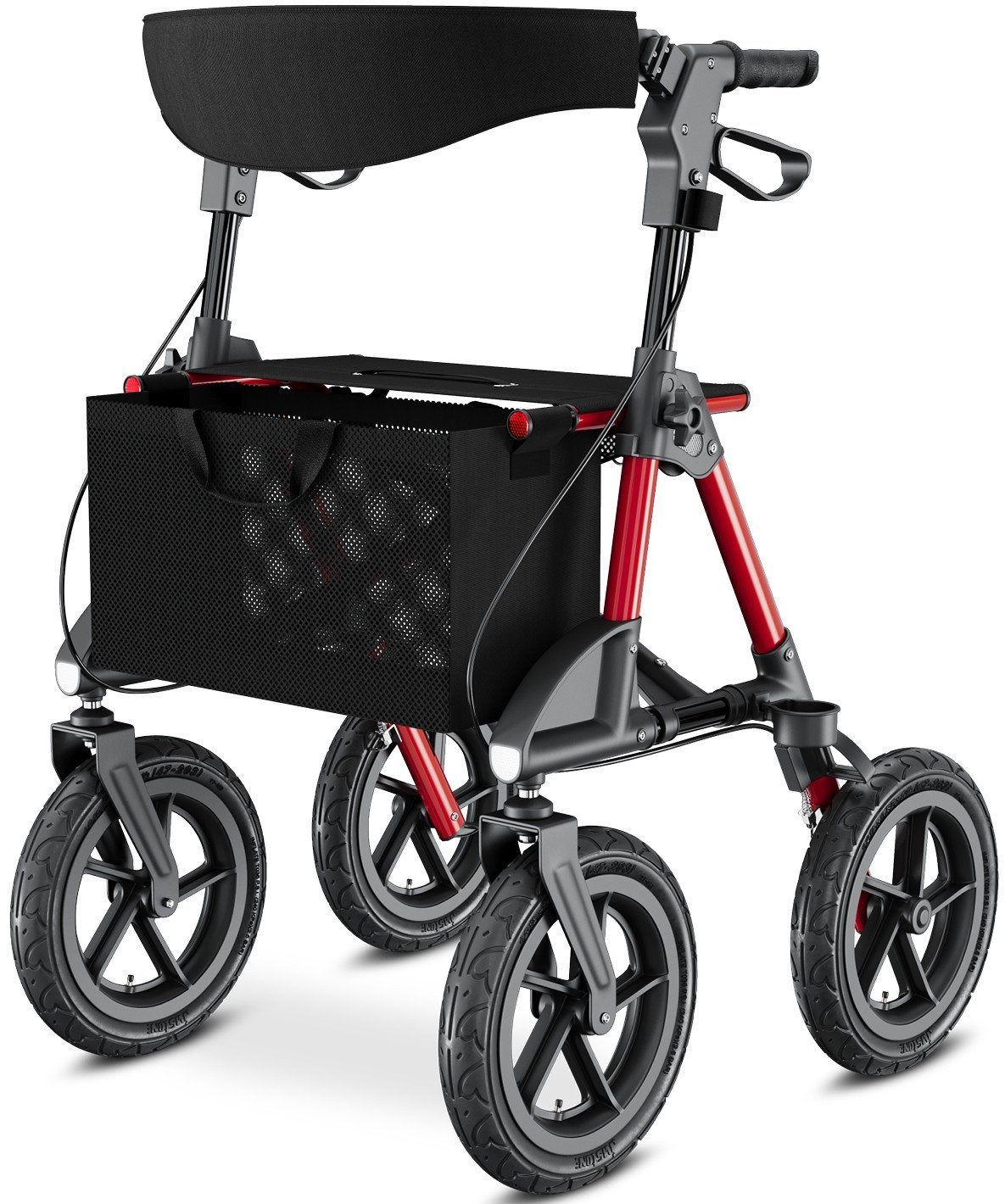 Rollator mit rotem Rahmen, schwarzem Korb und Sitzfläche. Vier Räder, feststellbare Bremse, höhenverstellbar.