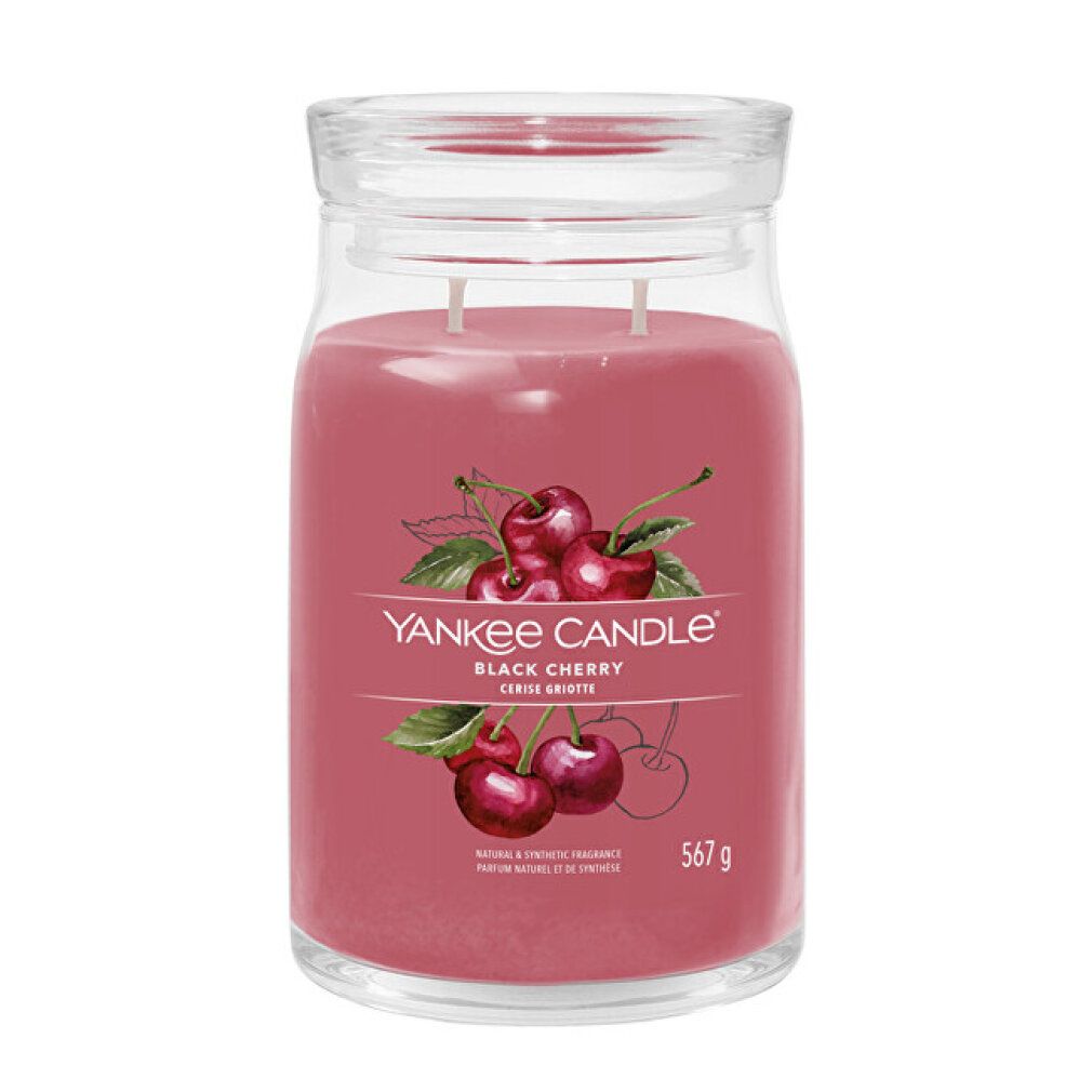 Yankee Candle Black Cherry Duftkerze im Glas, 567g, mit Kirschmotiv.