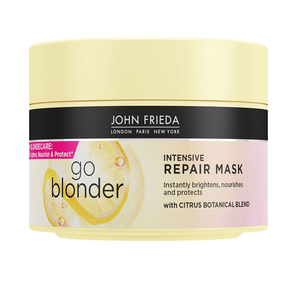 Gelbe Dose mit Deckel. Aufschrift: John Frieda, Go Blonder, Intensive Repair Mask. Mit Zitronen-Illustration.