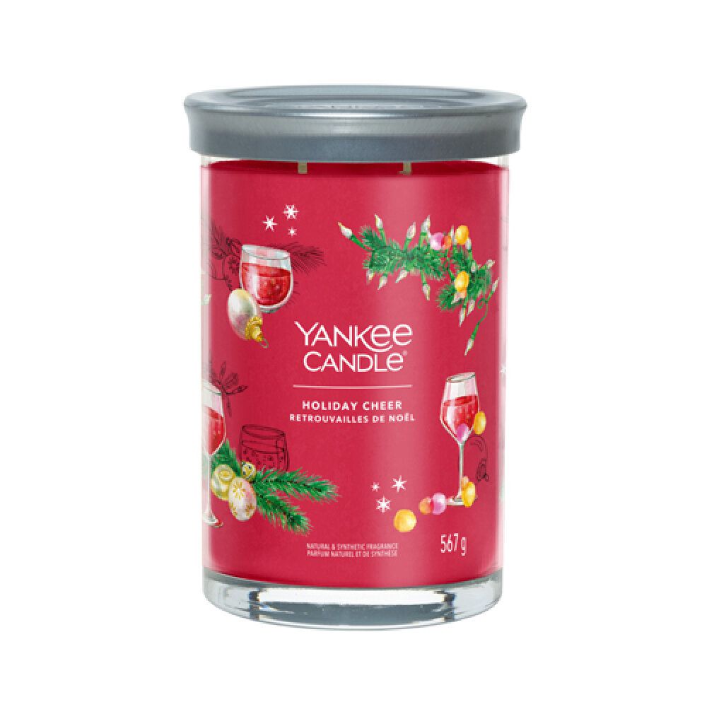 Roter Yankee Candle Tumbler mit Deckel. Aufschrift: Holiday Cheer. Dekorative Elemente und 567g.