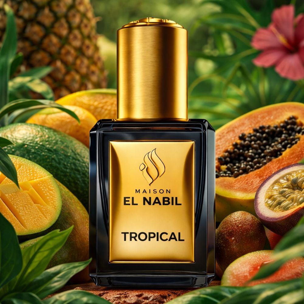 Schwarzer Flakon mit goldener Kappe. Goldfarbenes Etikett mit Logo und Schriftzug "TROPICAL". Umgeben von tropischen Früchten.