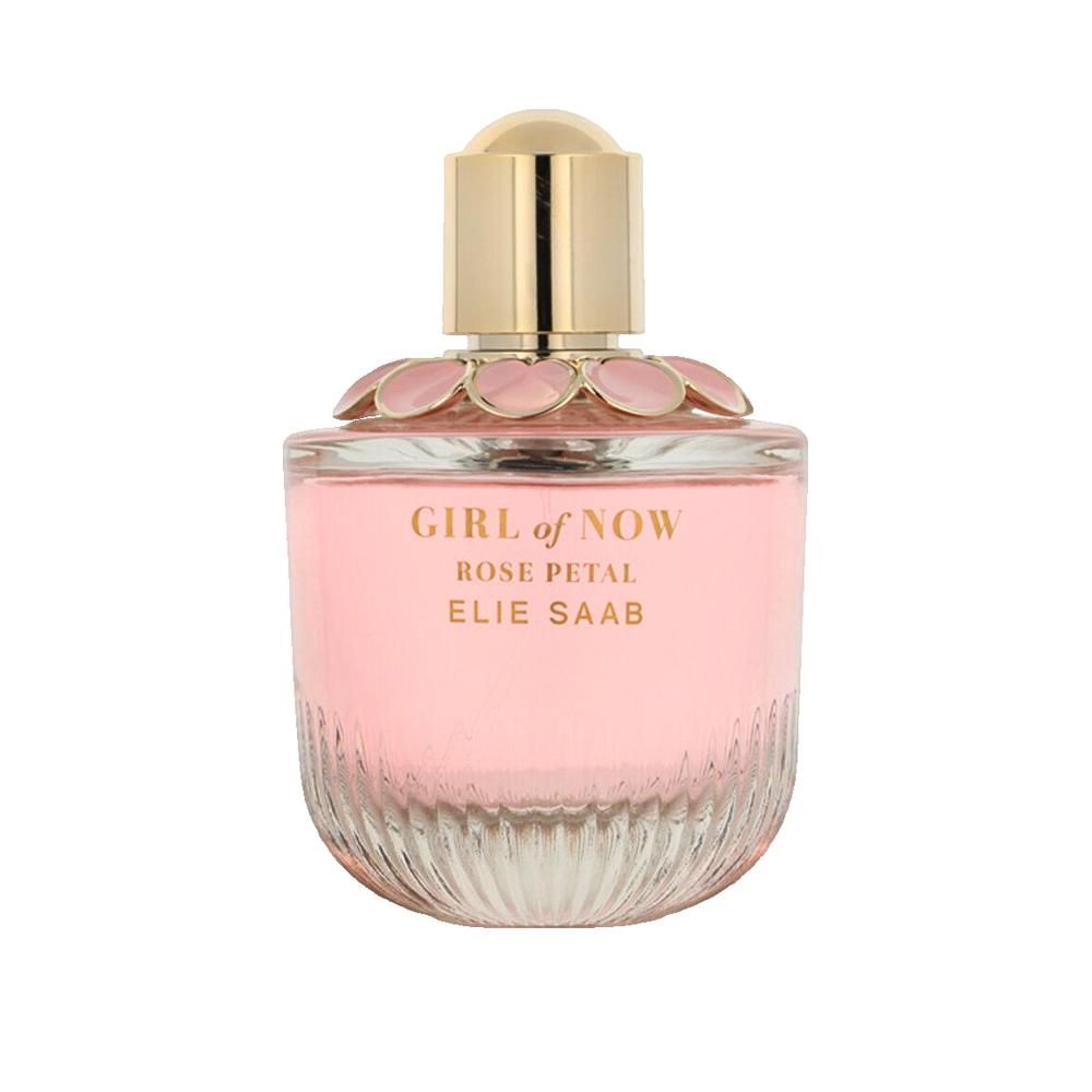 Rosafarbener Flakon mit goldfarbenem Verschluss und Blütenverzierung. Aufschrift: GIRL of NOW ROSE PETAL ELIE SAAB.