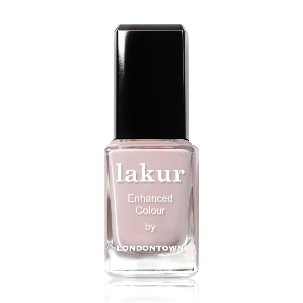 Nagellackflasche. Aufschrift: lakur Enhanced Colour by LONDONTOWN. Schwarzer Deckel.