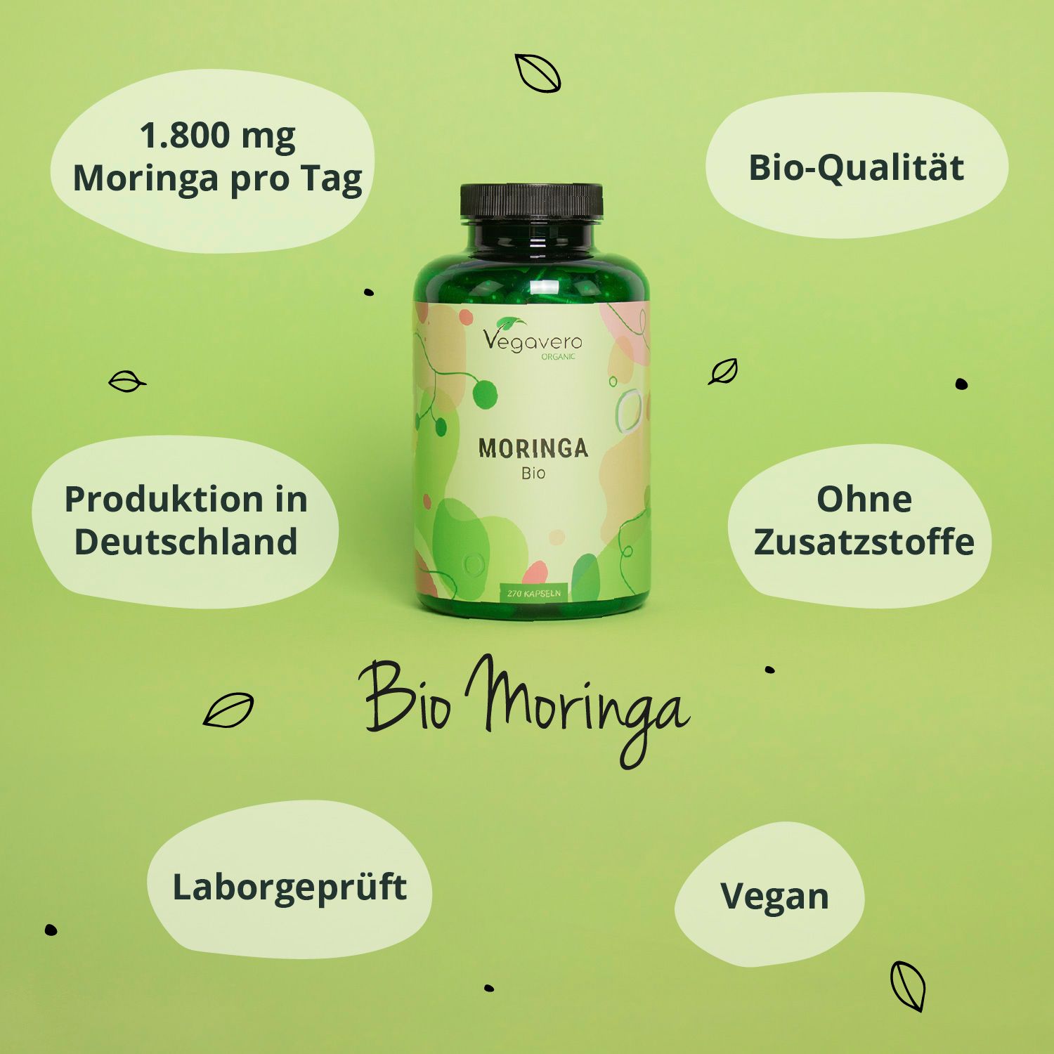 Grüne Flasche mit Moringa BIO. Text: 1.800 mg Moringa pro Tag, Bio-Qualität, Produktion in Deutschland, Ohne Zusatzstoffe, Vegan.