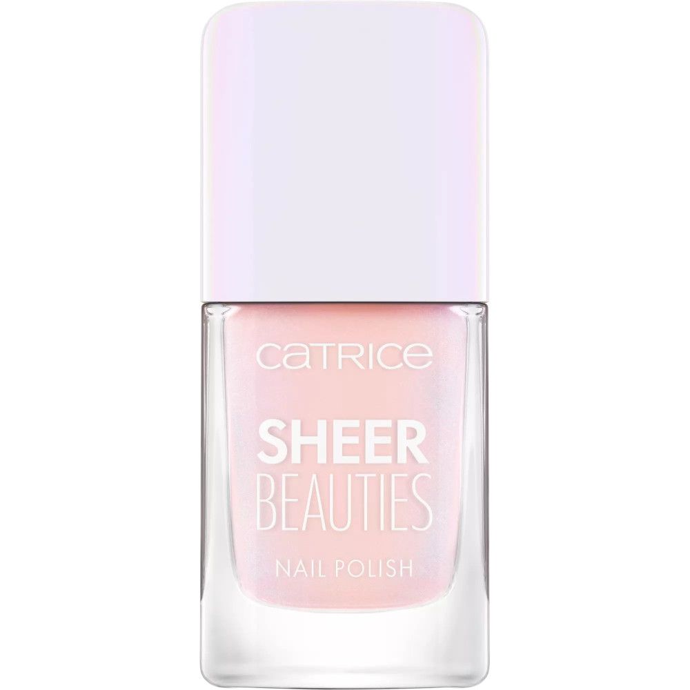 Nagellackflasche mit rosa Inhalt und weißem Deckel. Aufschrift: Catrice Sheer Beauties Nail Polish.
