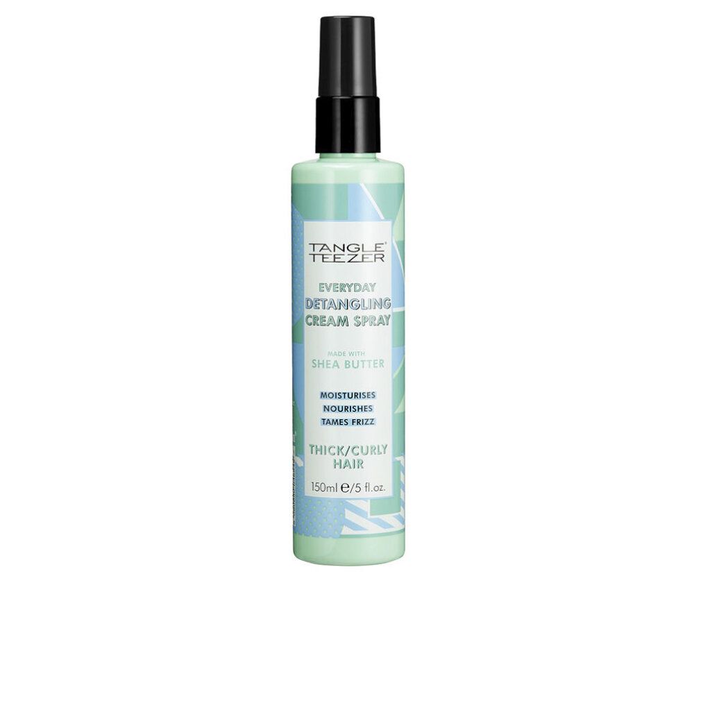Grüne Sprühflasche mit schwarzem Sprühkopf. Aufschrift: Tangle Teezer, Everyday Detangling Cream Spray, für dickes/lockiges Haar.