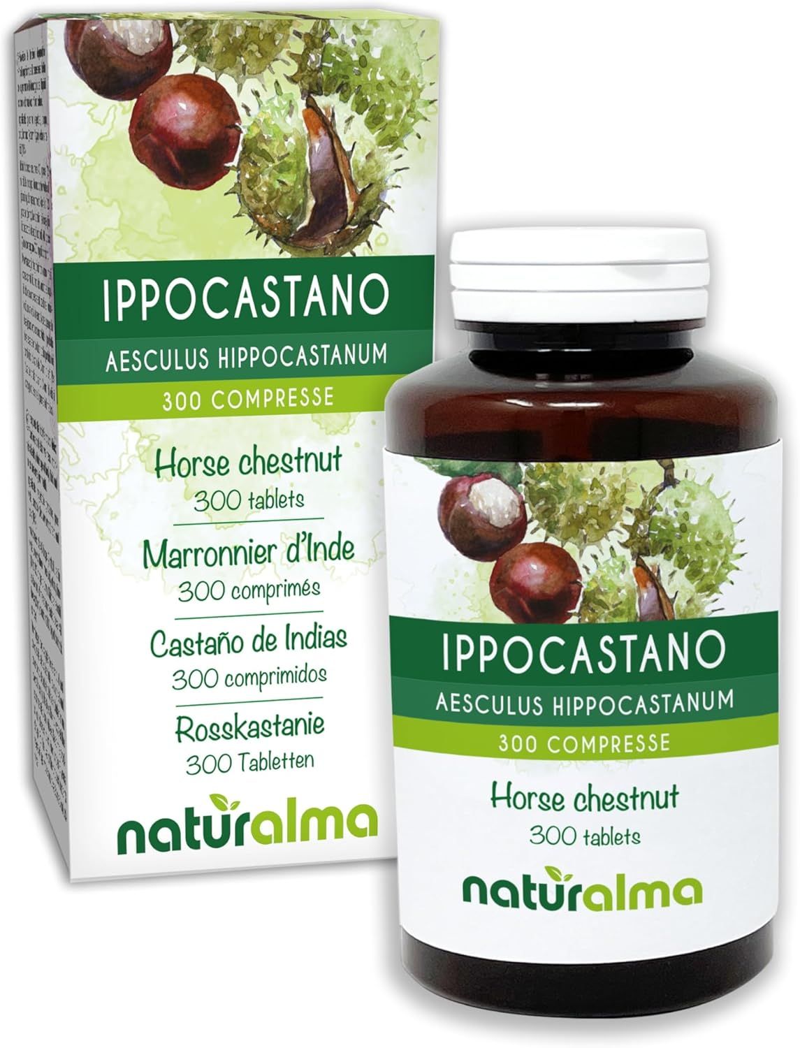 Produktverpackung und Flasche mit Tabletten. Text: Ippocastano Aesculus hippocastanum, 300 Tabletten. Naturalma Logo.