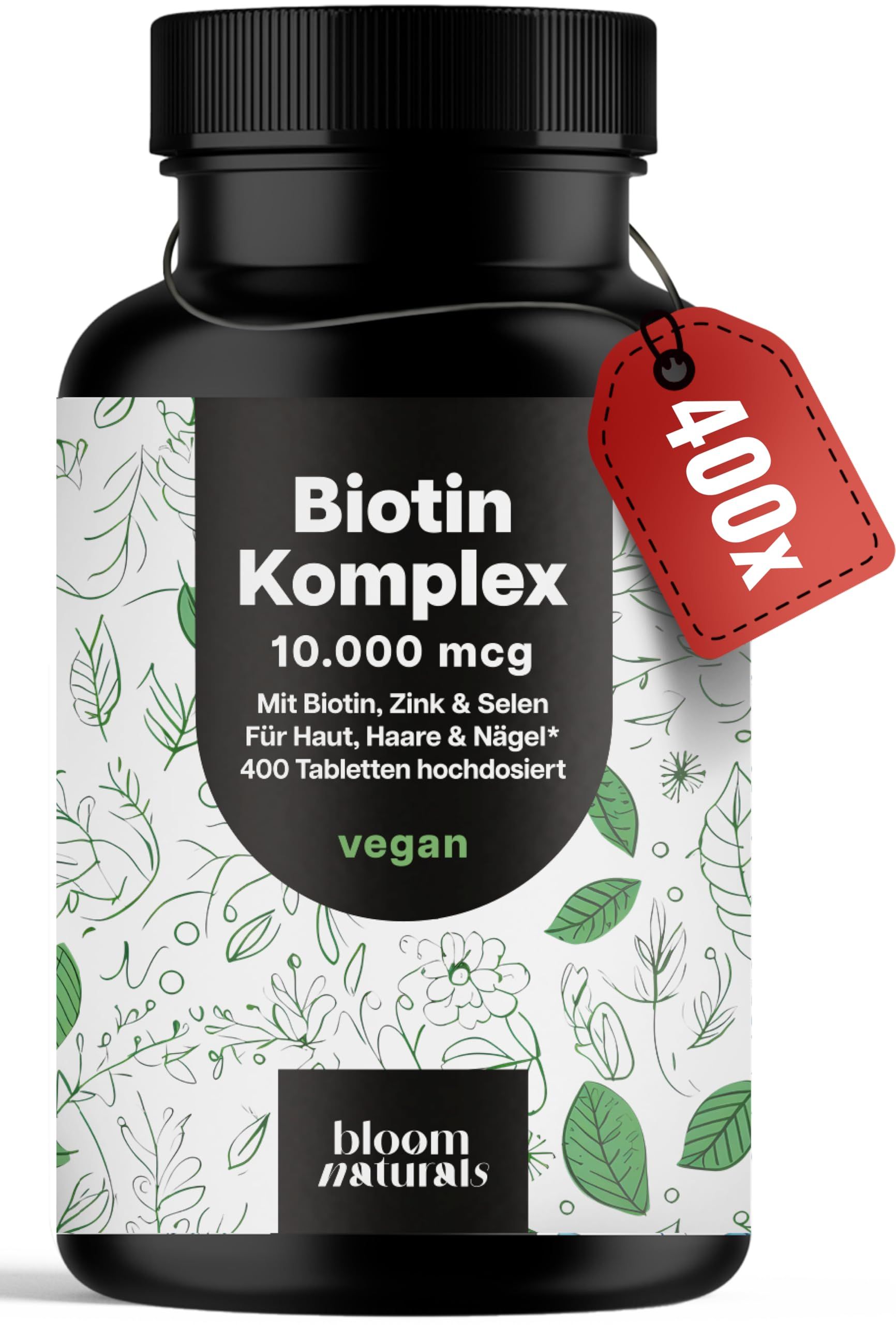 Biotin Komplex 10.000 mcg Flasche mit 400 Tabletten, mit rotem "400X" Anhänger.