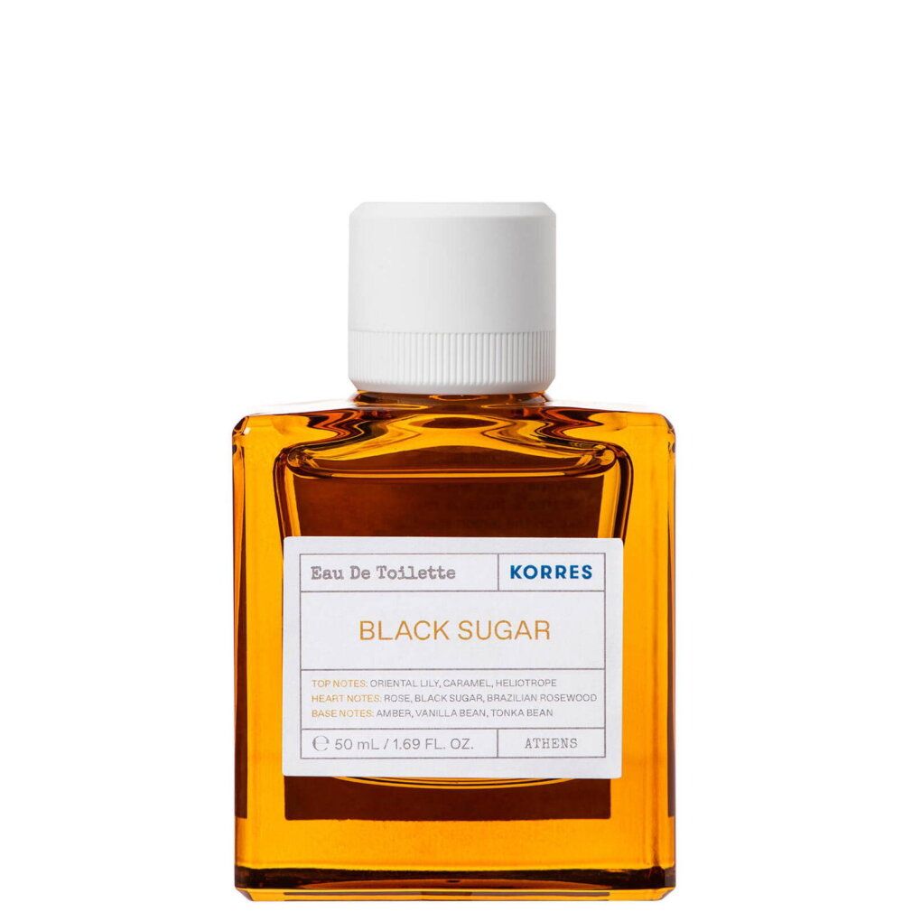 KORRES Black Sugar Eau de Toilette Flakon mit weißem Verschluss. Bernstein-farbene Flüssigkeit.