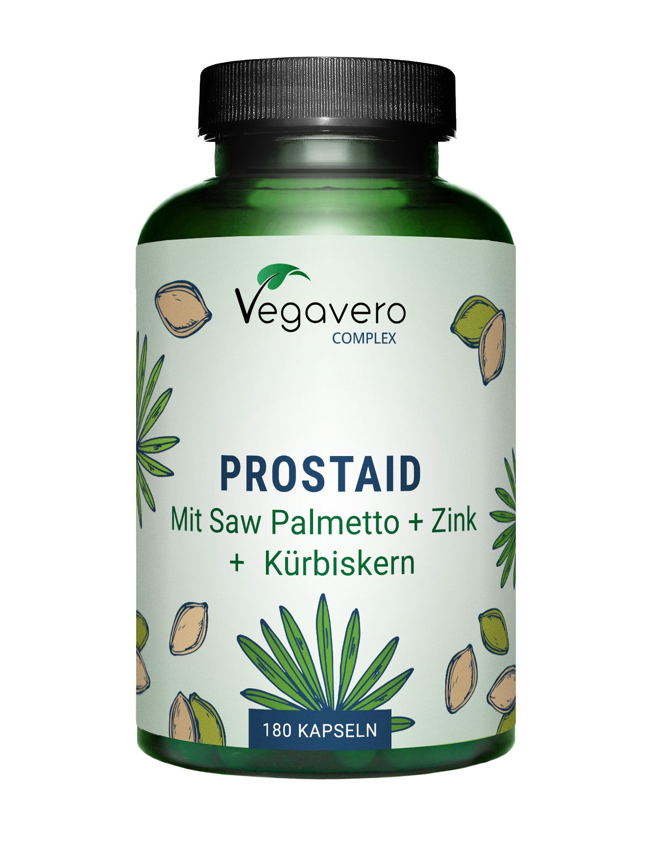 Grüne Flasche mit schwarzen Deckel. Aufschrift: Vegavaro COMPLEX, PROSTAID, Mit Saw Palmetto + Zink + Kürbiskern. 180 Kapseln.
