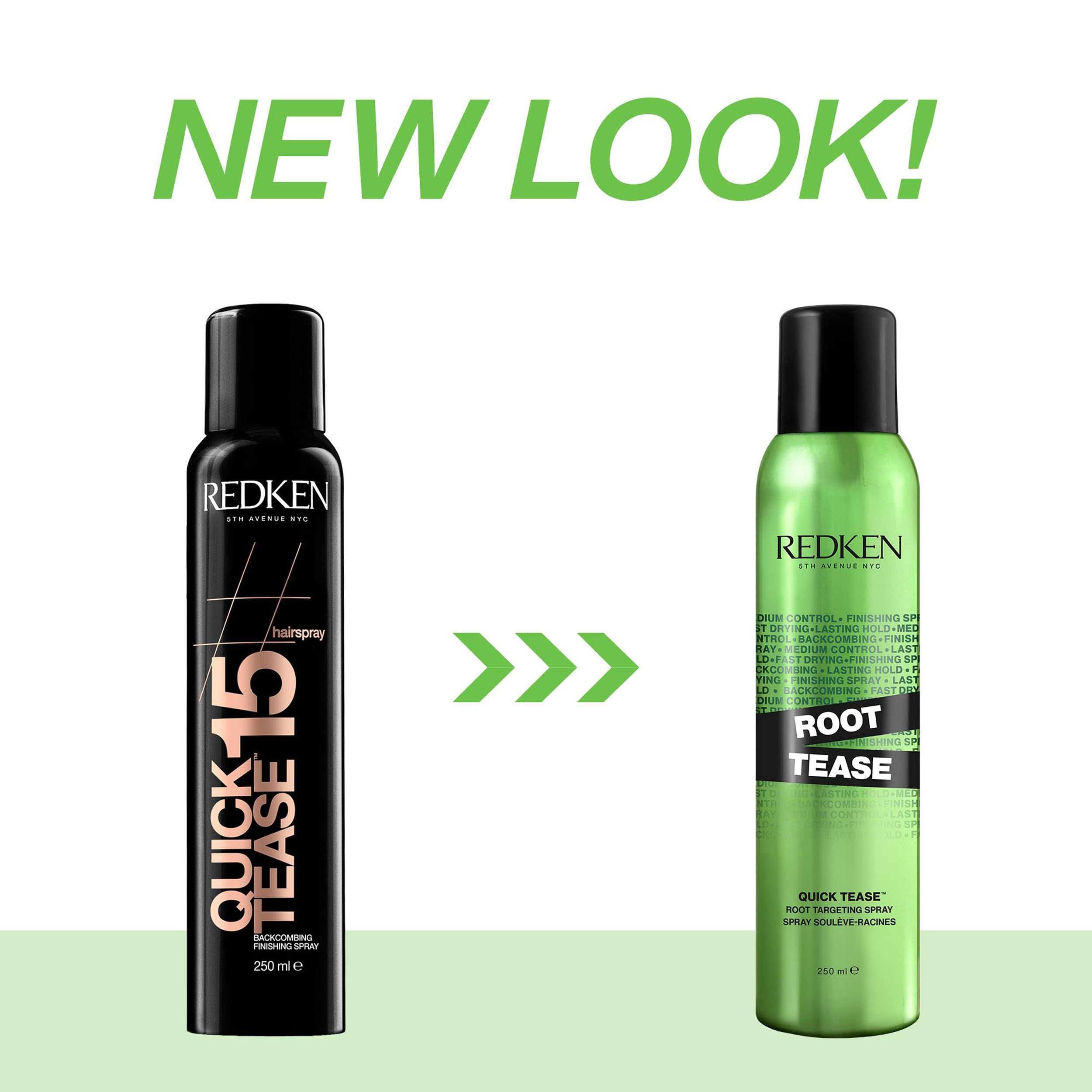 Zwei Sprühflaschen. Links: Schwarz, Redken Quick Tease 15. Rechts: Grün, Redken Root Tease Quick Tease.