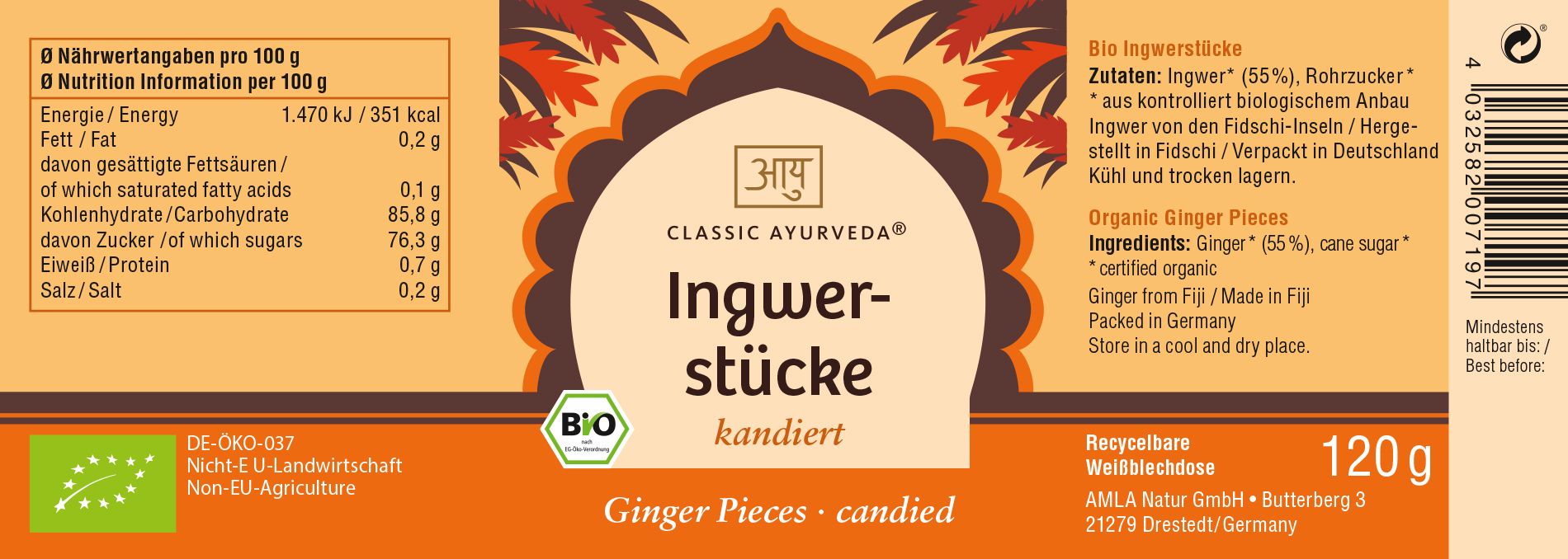 Etikett mit Nährwertangaben und Zutatenliste. Aufschrift: Ingwerstücke, kandiert. Bio-Siegel. 120g.