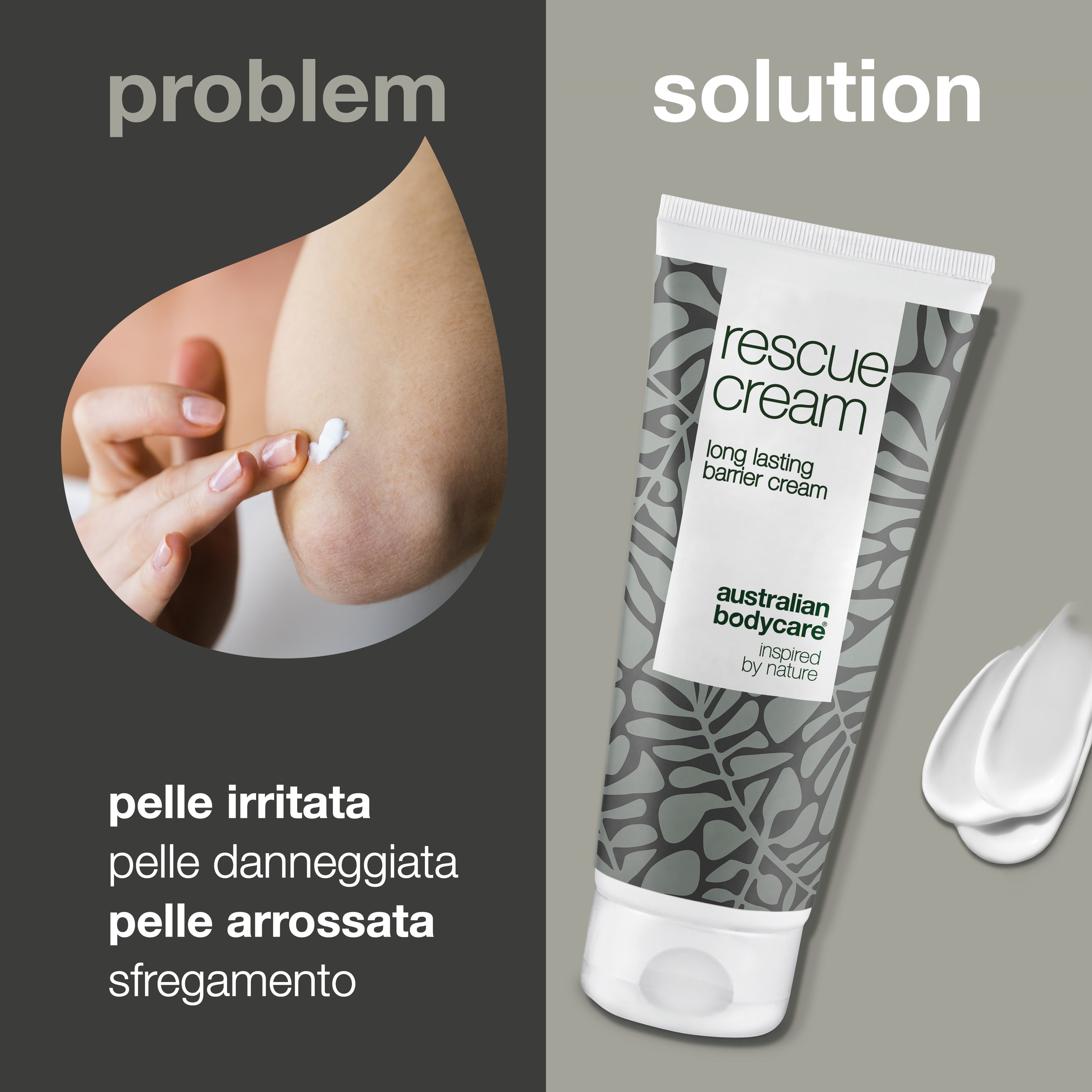Tubo di crema e parte della pelle. Scritta: rescue cream, long lasting barrier cream. Marchio: Australian Bodycare.