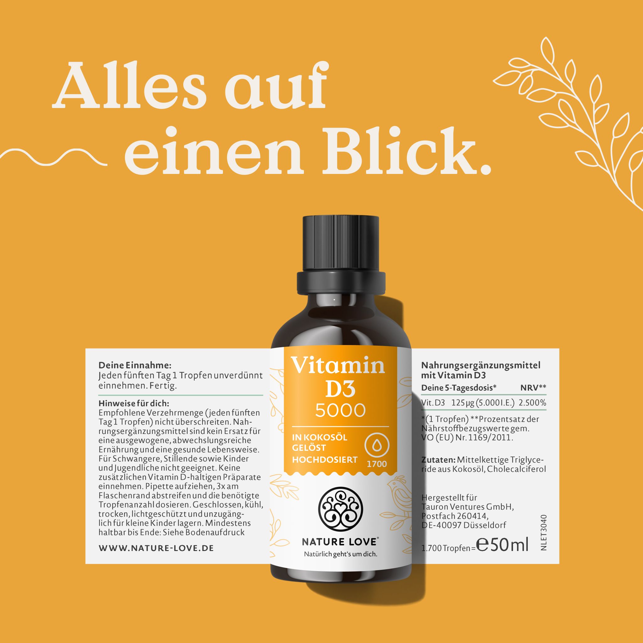 NATURE LOVE® Vitamin D3 5000 (50ml flüssig) - Laborgeprüfte 5000 I.E. pro Tropfen - in MCT-Öl Kokos