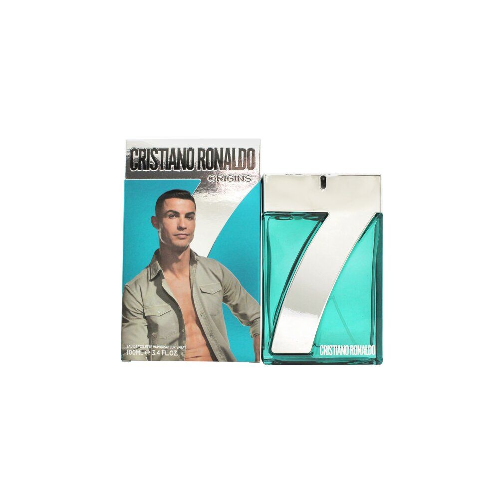 Cristiano Ronaldo 7Origins Eau de Toilette Set mit Flakon und Verpackung, die Cristiano Ronaldo zeigt.