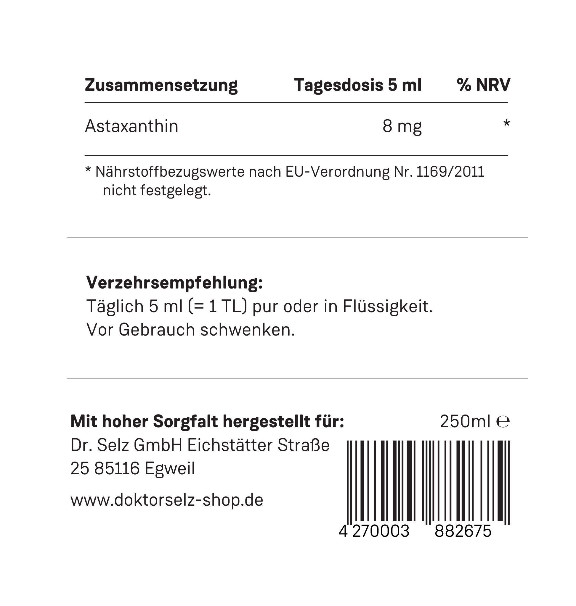 Braune Glasflasche mit weißem Deckel. Etikett mit Produktname, Inhaltsstoffen und 250 ml Angabe. Marke: Dr. Selz.