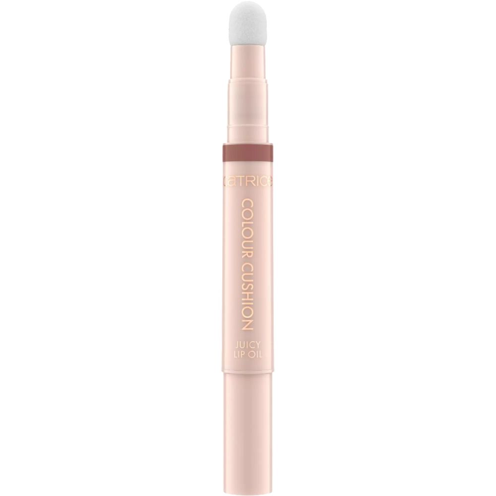 Lippenöl mit Applikator. Farbton und Produktname sind sichtbar. Der Applikator hat eine runde, weiße Spitze.