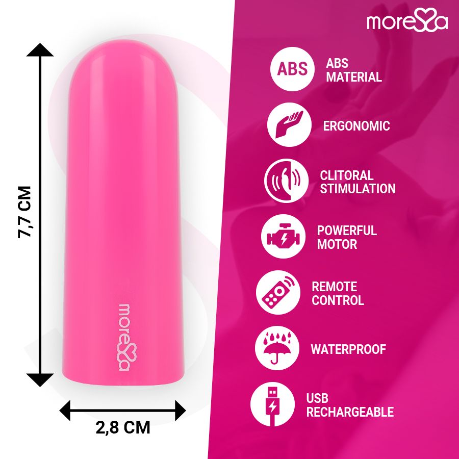 Pinkfarbener Vibrator. Maße: 7,7 cm x 2,8 cm. Eigenschaften: ABS-Material, ergonomisch, Fernbedienung, wasserdicht, USB-Aufladung.