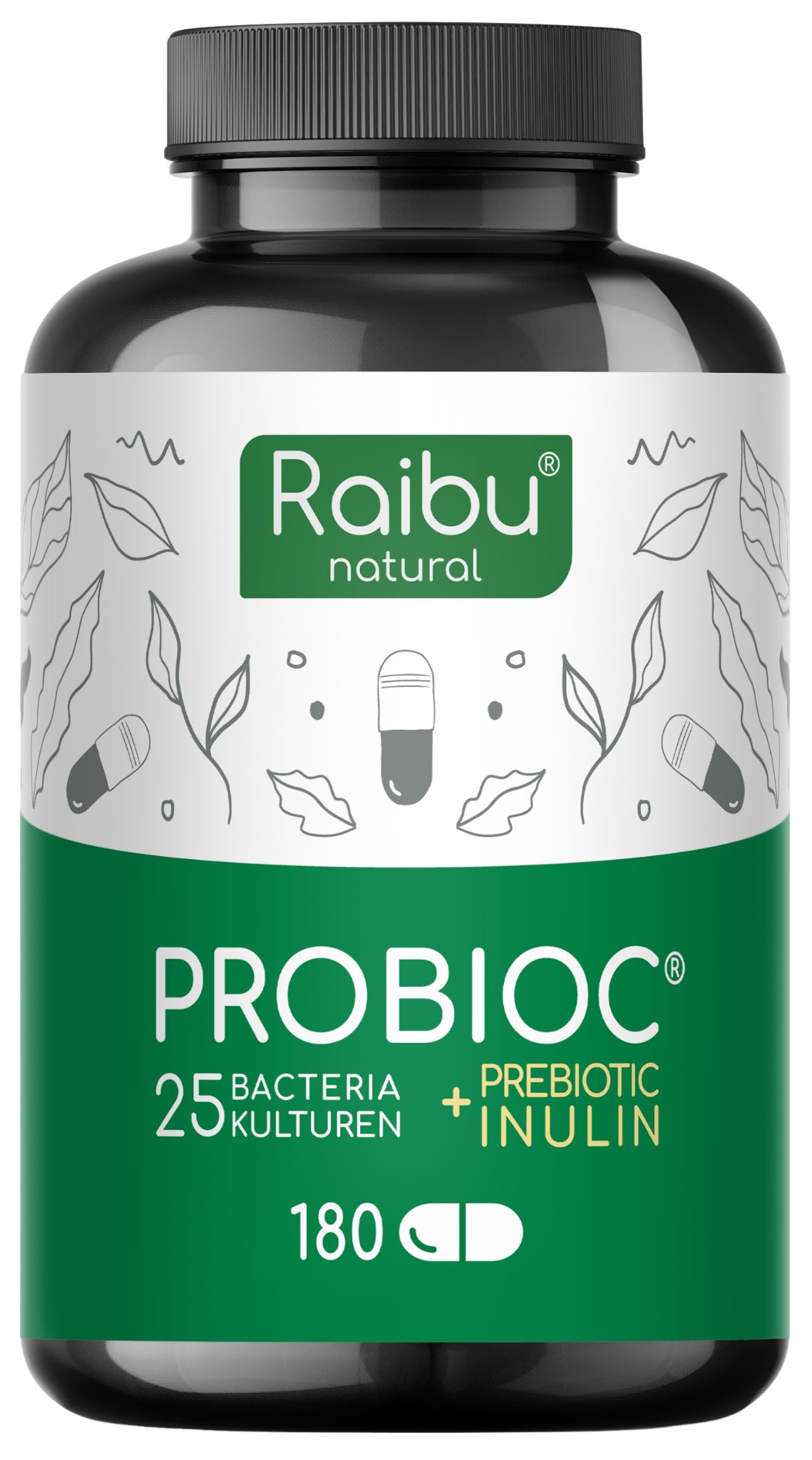 Schwarze Flasche mit weißem Etikett. Aufschrift: Raibu natural, PROBIOC, 25 Bakterien Kulturen + Inulin, 180 Kapseln.