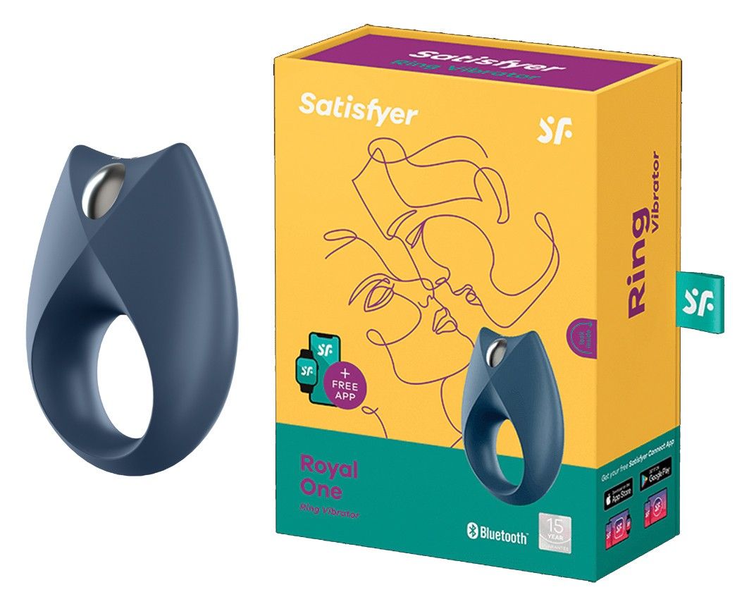 Verpackung und dunkelblauer Ringvibartor mit silbernem Element.