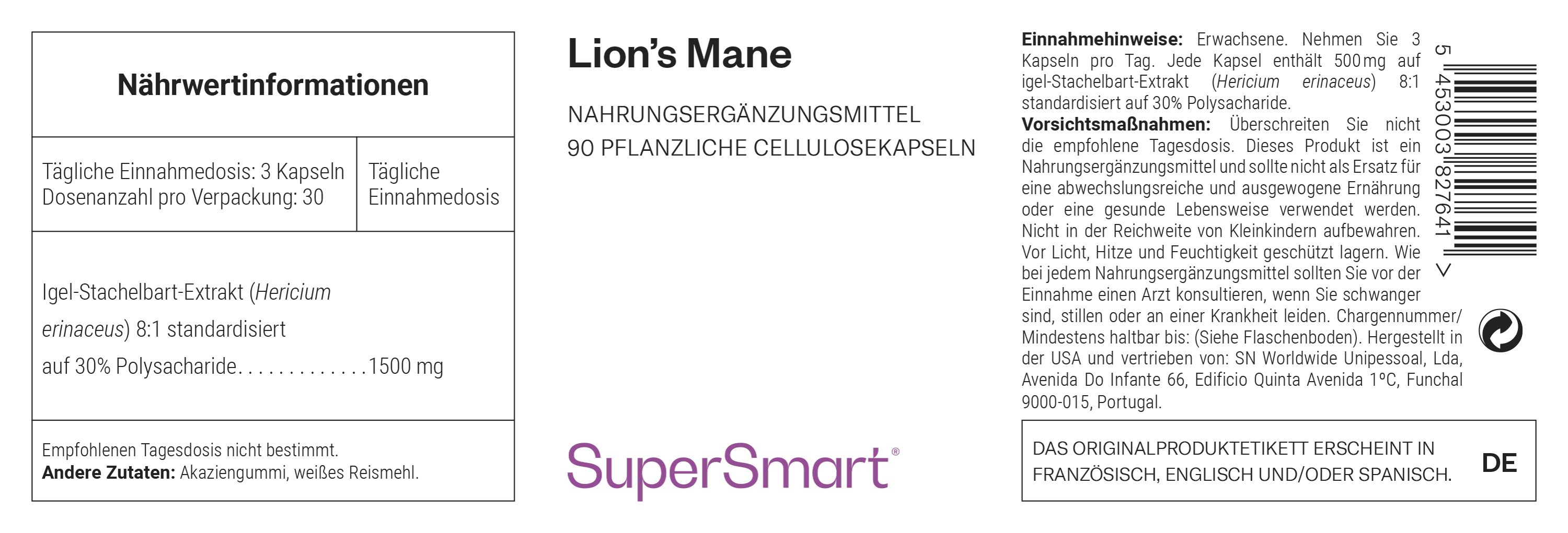 Etikett mit Nährwertangaben und Inhaltsstoffen. Produktname: Lion's Mane. Marke: SuperSmart. 90 pflanzliche Cellulosekapseln.