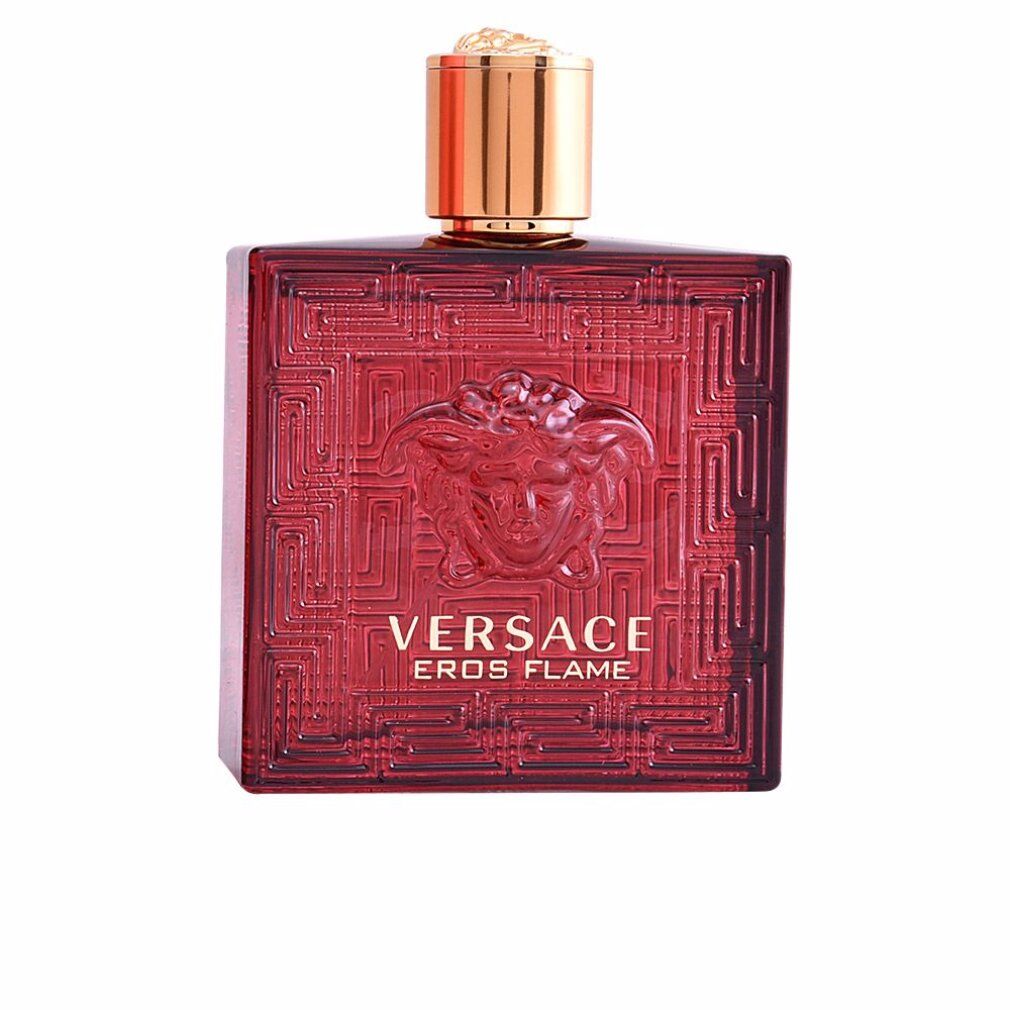 Roter Flakon mit goldenem Verschluss. Aufschrift: EROS FLAME. Versace-Logo. Quadratische Form mit Reliefmuster.