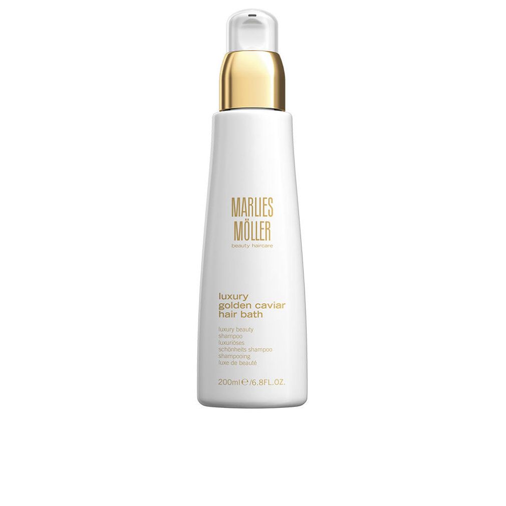 Weiße Flasche mit goldenem Verschluss. Aufschrift: Marlies Möller, Luxury Golden Caviar Hair Bath. 200ml/6.8FL.OZ.