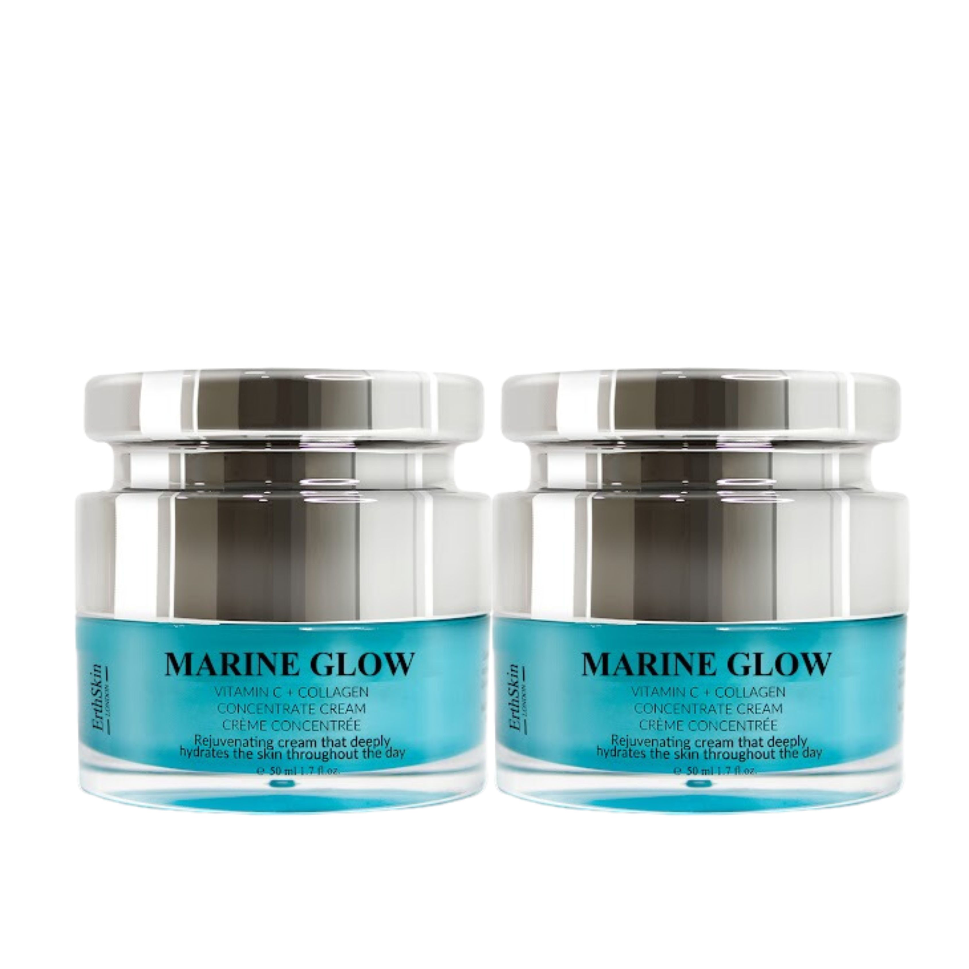Zwei Tiegel Creme mit silbernen Deckeln. Aufschrift: Marine Glow Vitamin C + Collagen Concentrate Cream. Türkisfarbener Boden.