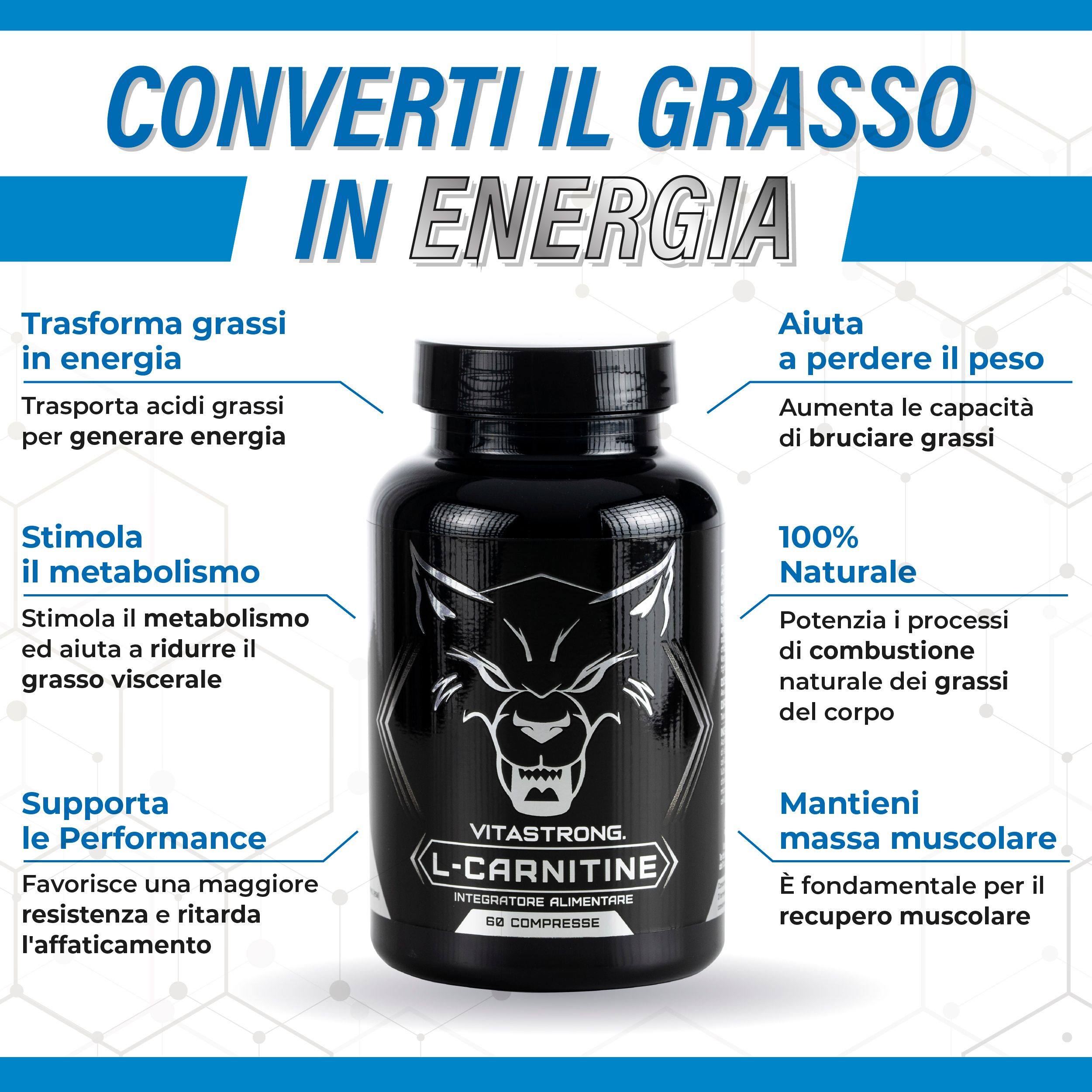 Flacone di Vitastrong L-Carnitina con 60 compresse. Testo: Converti il grasso in energia. 100% naturale.