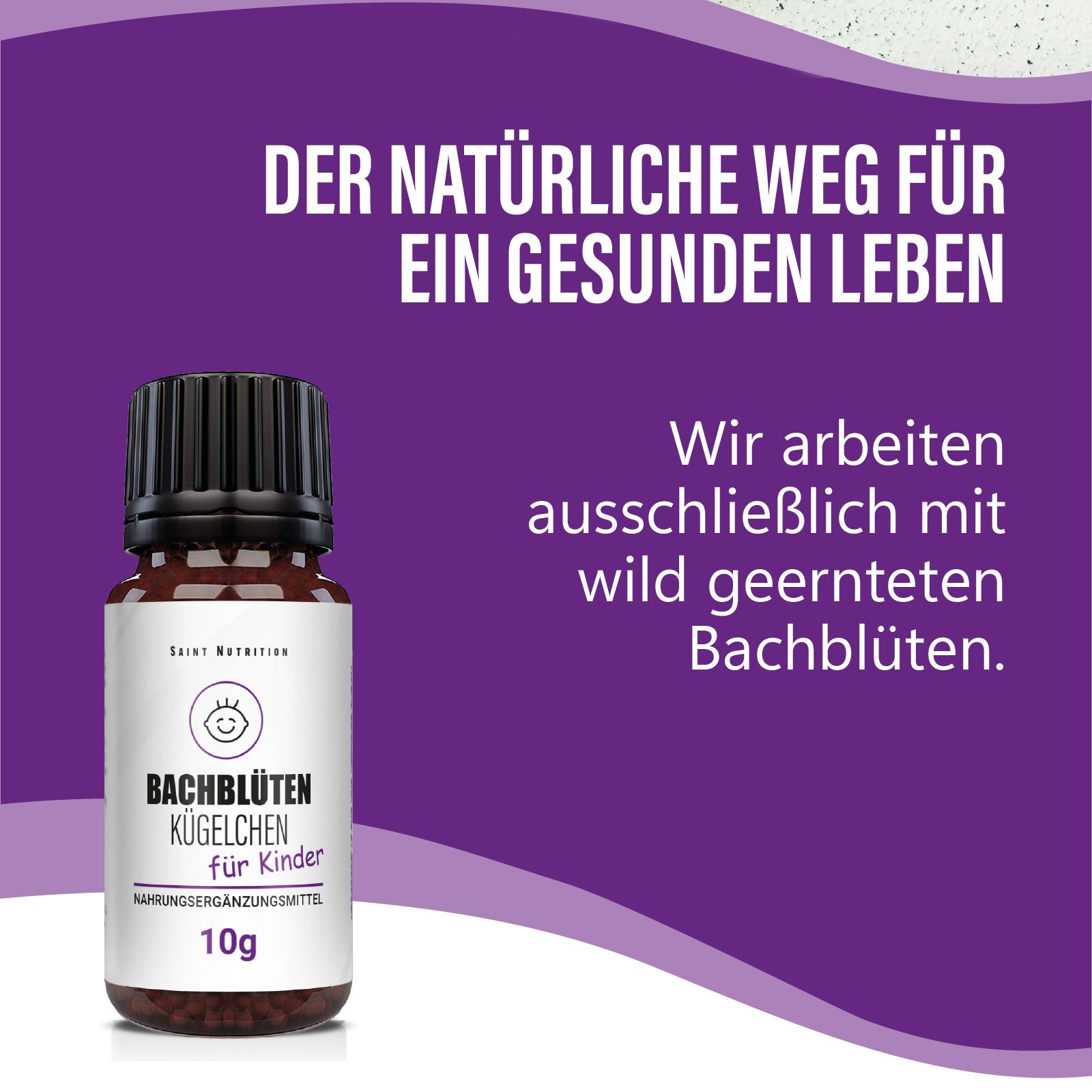 Produktflasche vor lila Hintergrund. Text: "Der natürliche Weg für ein gesundes Leben". "Wir arbeiten ausschließlich mit wild geernteten Bachblüten".