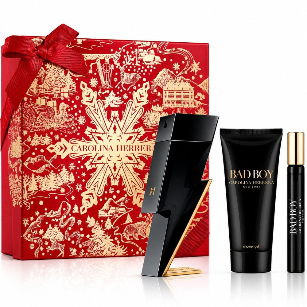 Carolina Herrera Bad Boy Geschenkset mit Parfümflakon, Duschgel und Reisezerstäuber.