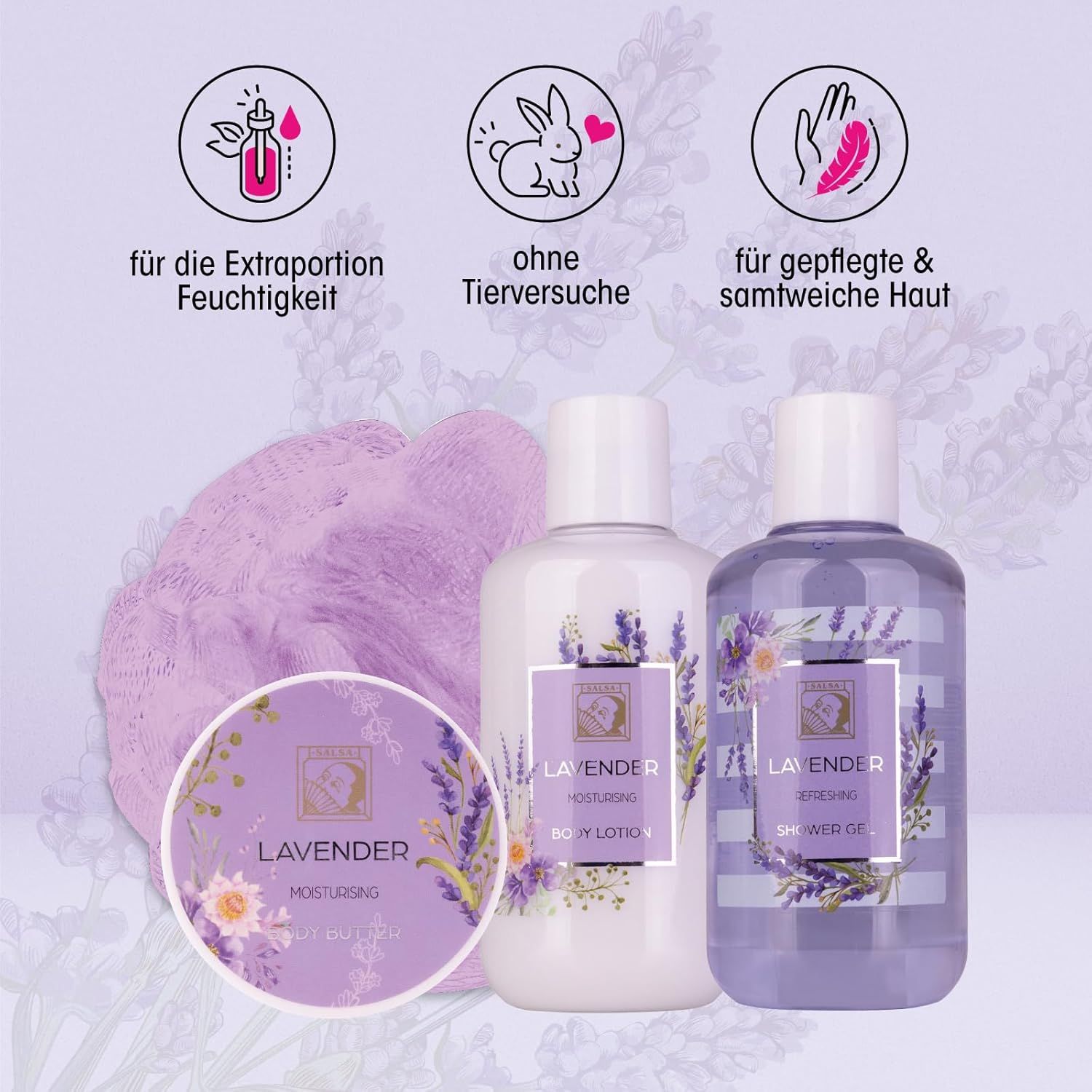 Duschgel, Bodylotion und Creme mit Lavendel-Motiv. Badeschwamm. Icons: Feuchtigkeit, tierversuchsfrei, sanfte Haut.