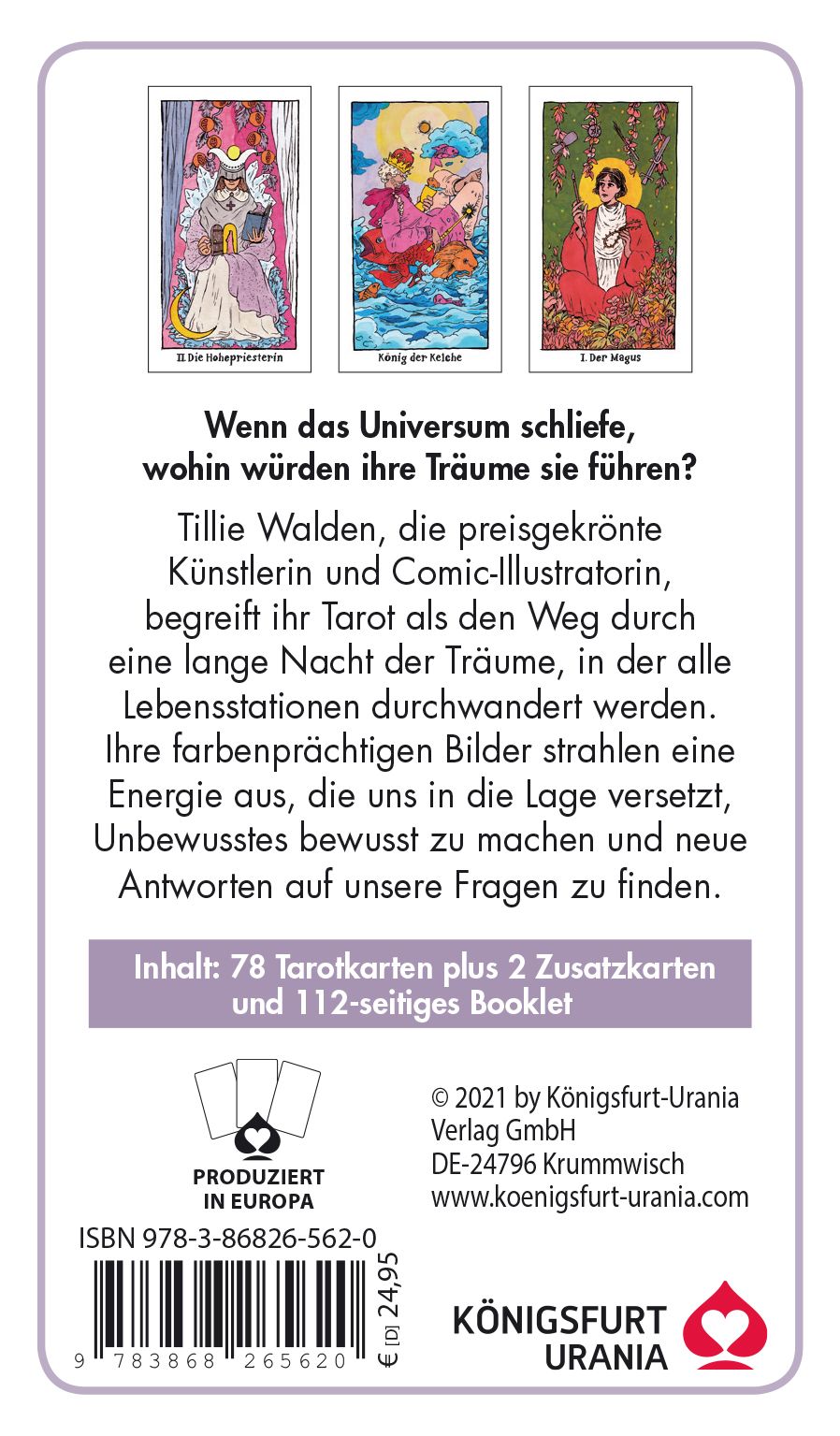 Rückseite der Tarotkarten-Box. Text und drei Karten-Illustrationen. Enthält 78 Tarotkarten, 2 Zusatzkarten und ein 112-seitiges Booklet.