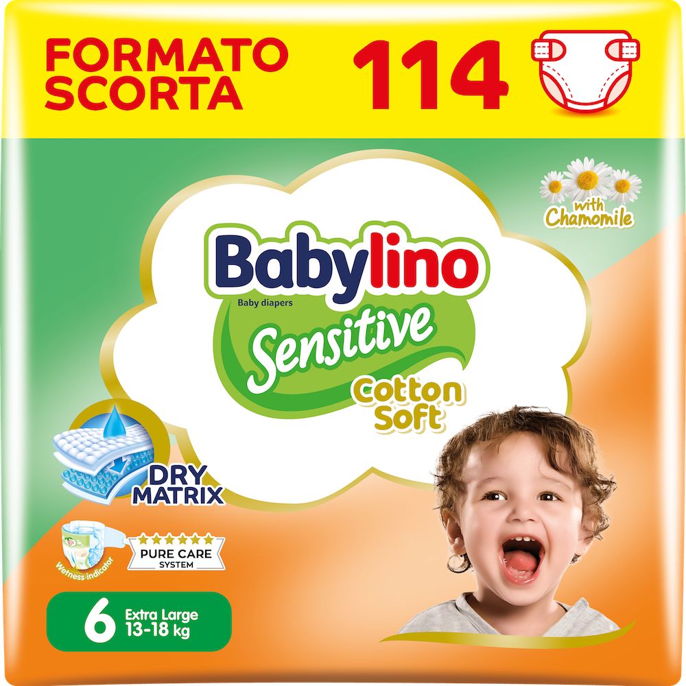 Babylino Sensitive Cotton Soft, Pannolini Taglia 6, Extra Large (15-30Kg), 114 Unità