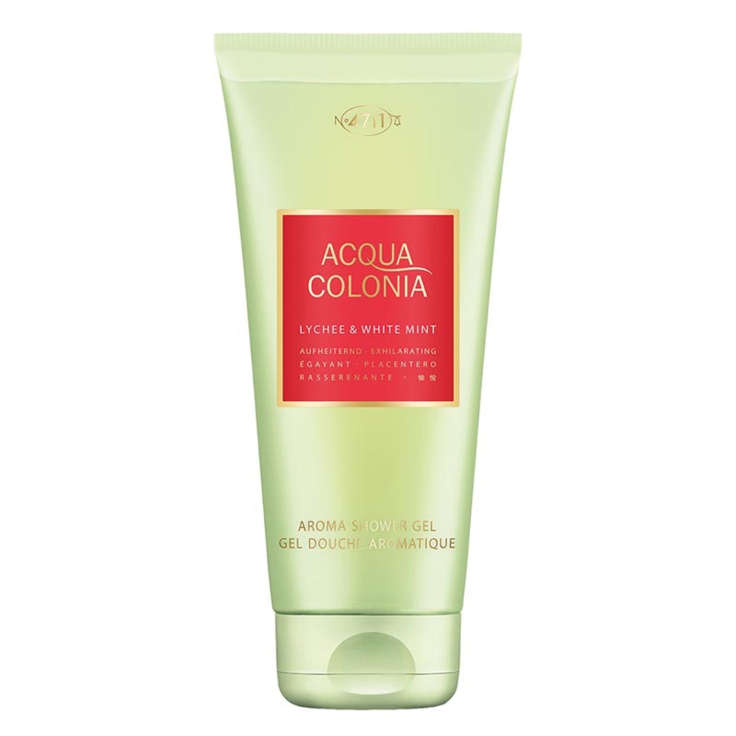 Grüne Tube mit rotem Etikett. Text: Acqua Colonia, Lychee & White Mint, Aroma Shower Gel. Logo oben.