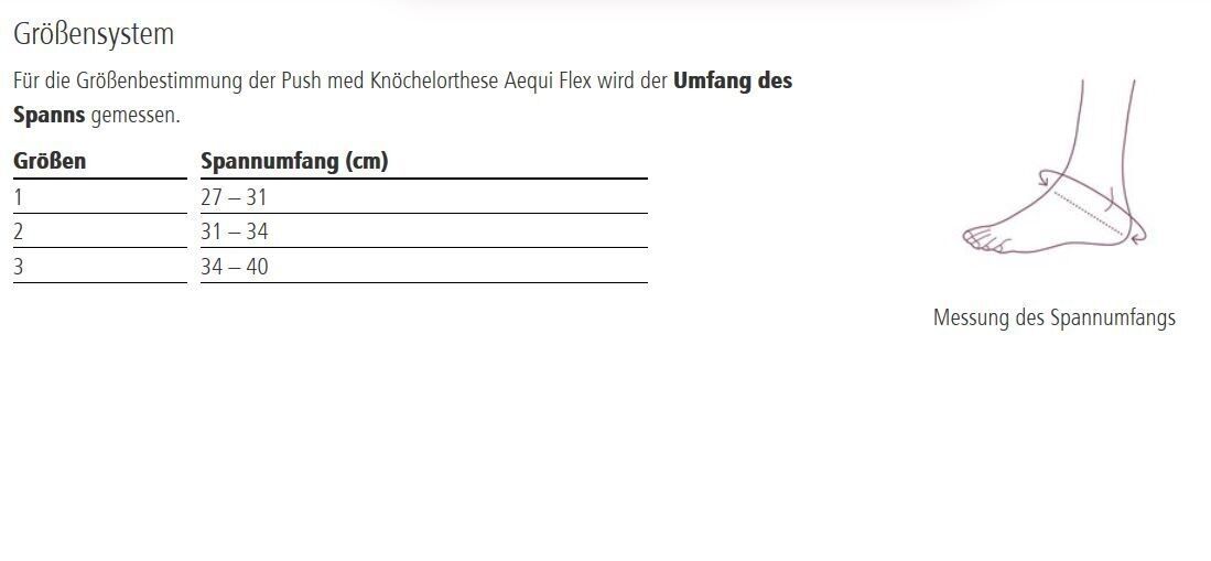 Größentabelle für die OFA Push Med Knöchelorthese Aequi flex. Größen 1-3 mit Spannumfang in cm.
