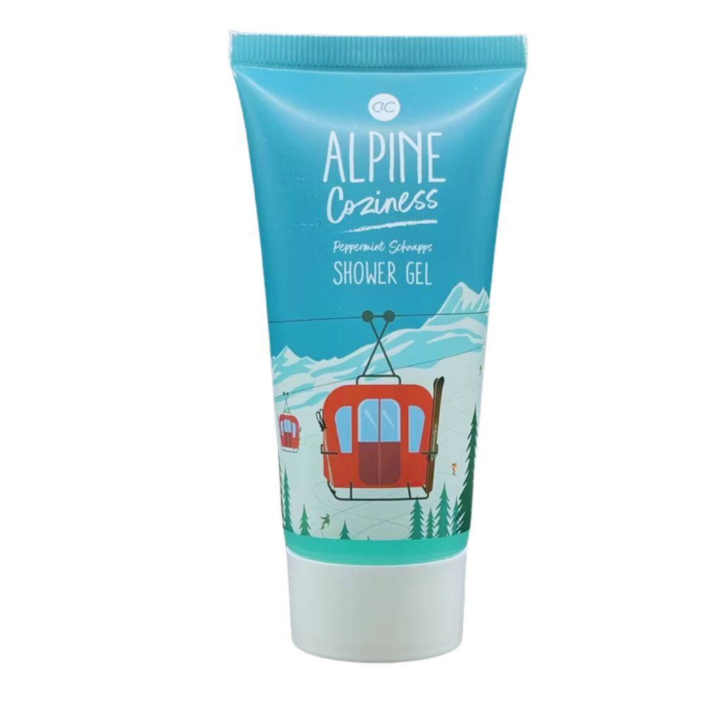 Türkisfarbene Tube mit Duschgel. Aufdruck: Seilbahn, Berge, Schriftzug Alpine Coziness und Shower Gel.