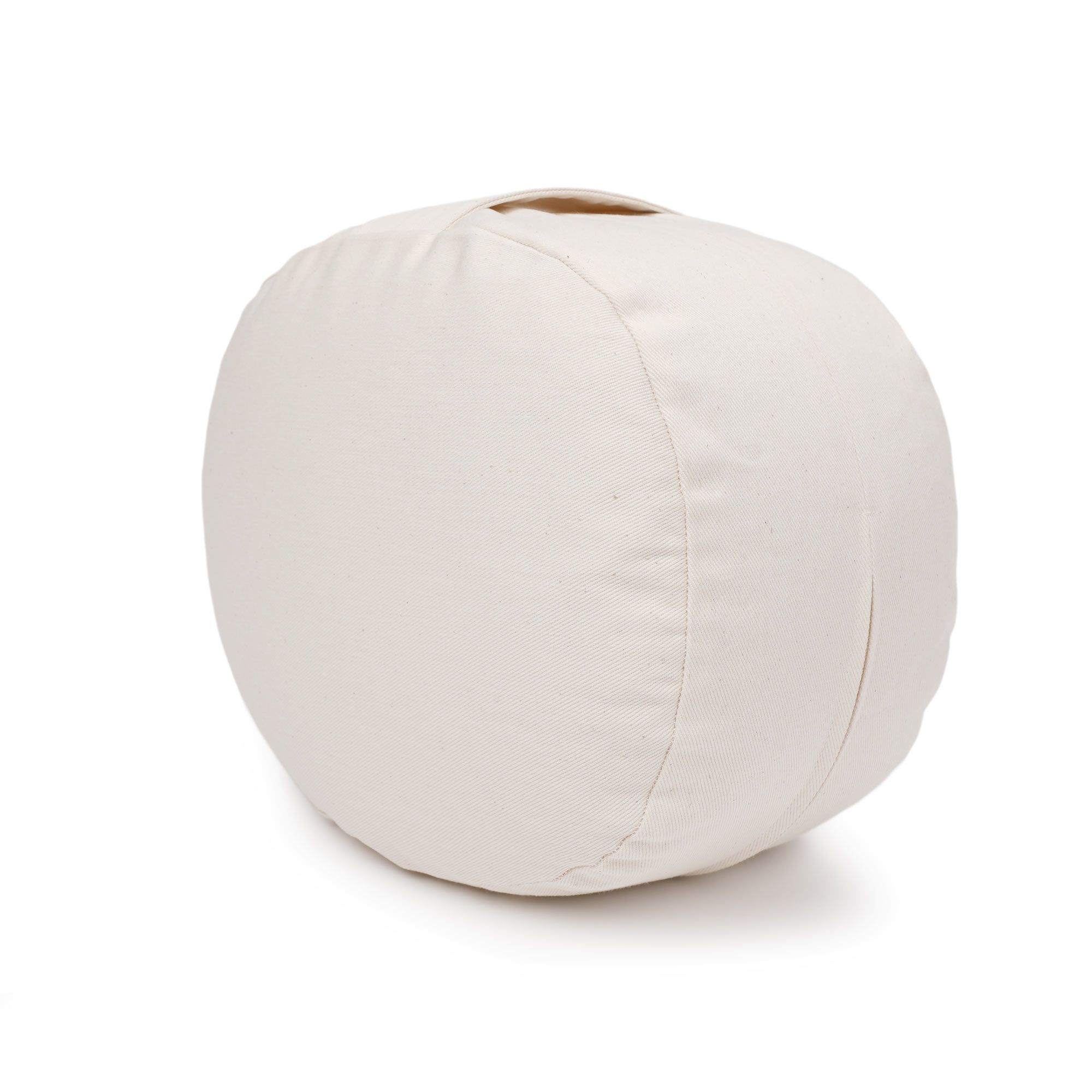 Rückansicht eines ovalen Yogakissens aus Naturstoff.