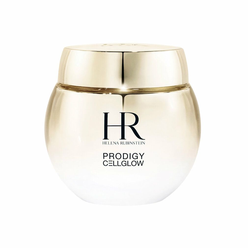 Cremebehälter mit goldfarbenem Deckel und Schriftzug. Aufschrift: HR, PRODIGY CELLGLOW. Marke: Helena Rubinstein.