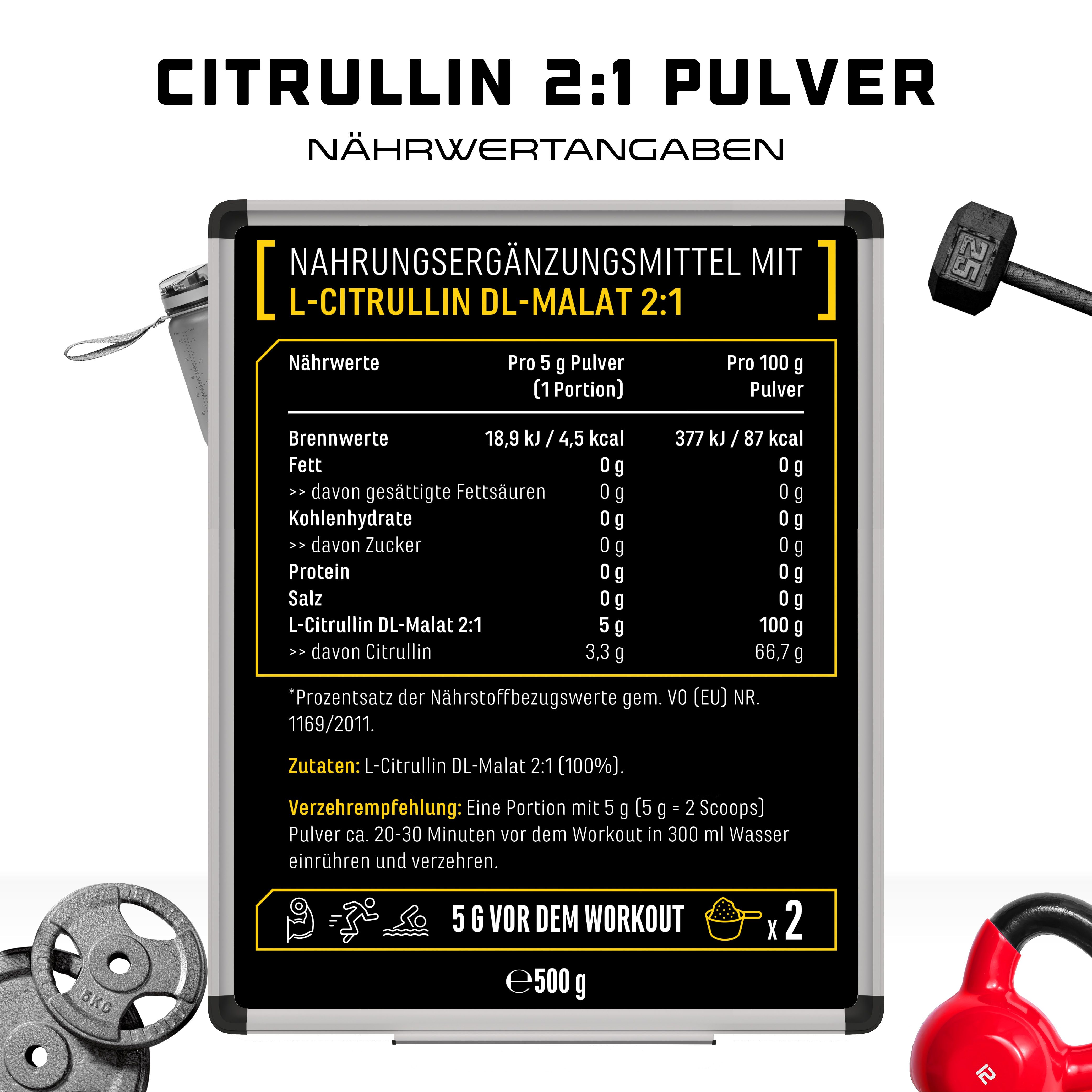 Nährwertangaben für GEN L-Citrullin DL-Malat 2:1. Enthält Informationen pro Portion und pro 100g. Mit Zubereitungshinweis.