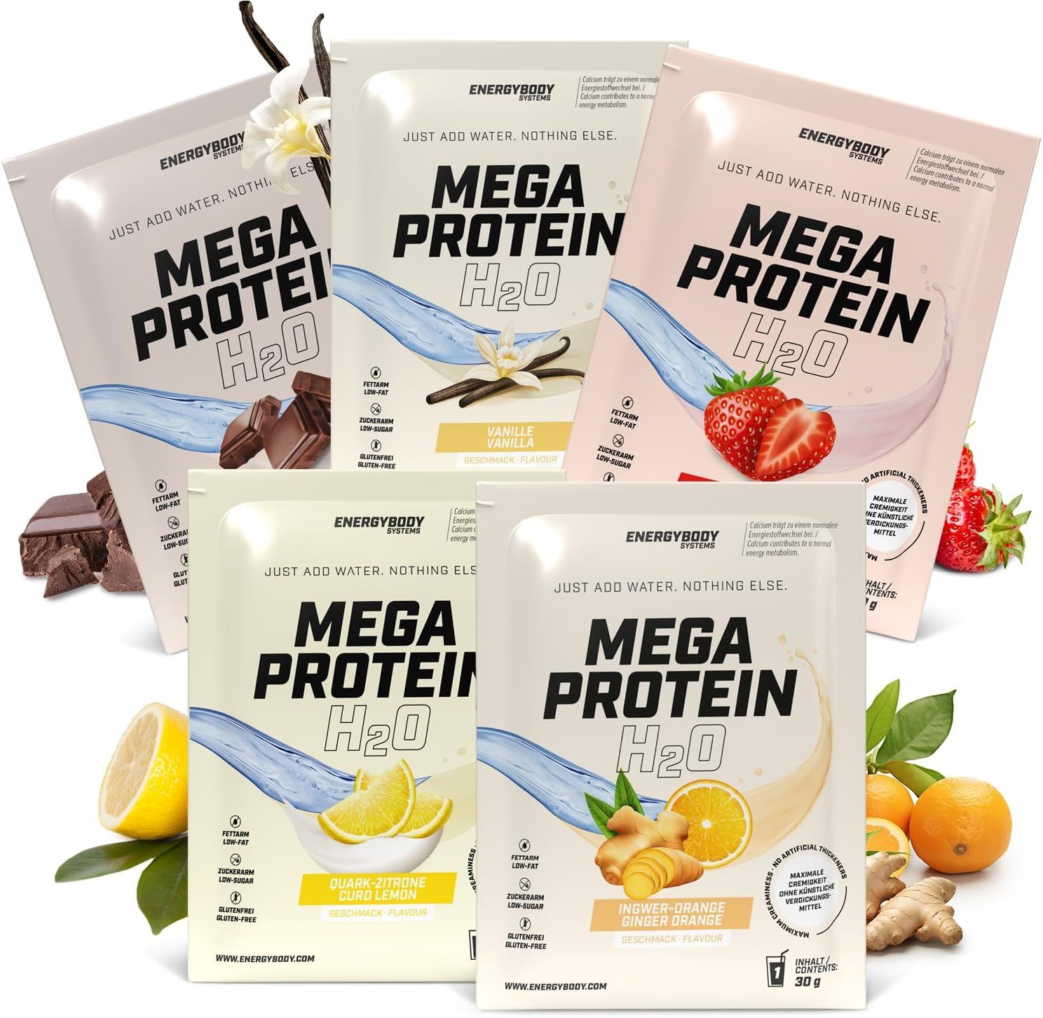 Energybody Mega Protein H2O Probierpaket. Fünf Beutel mit verschiedenen Geschmacksrichtungen. Produktnamen und Logos sichtbar.