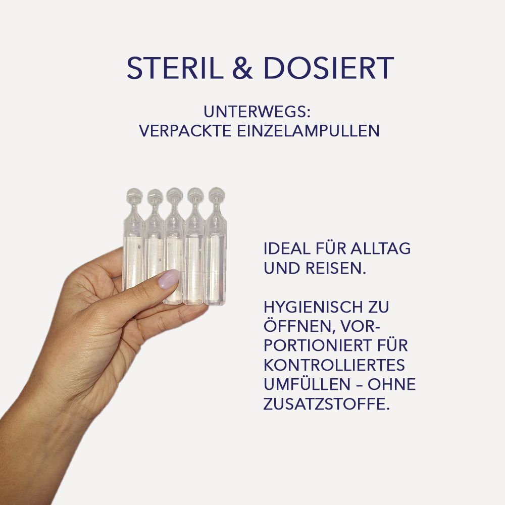 Hand hält 5 transparente Ampullen. Aufschrift: Steril & Dosiert. Ideal für Alltag und Reisen. Hygienisch zu öffnen.