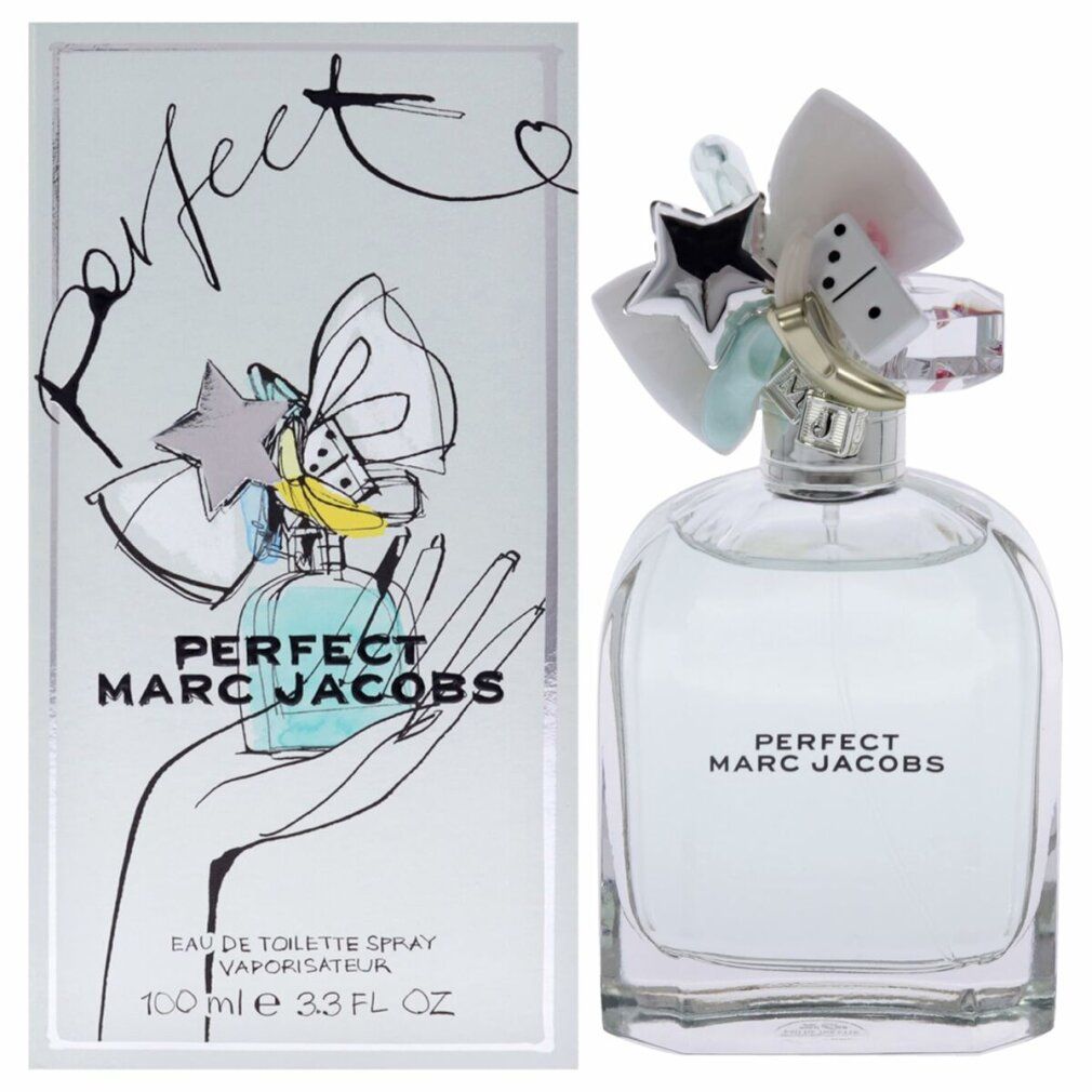Flakon und Verpackung. Flakon klar mit silbernem Verschluss. Verpackung mit Zeichnung und Text: PERFECT MARC JACOBS. 100 ml.