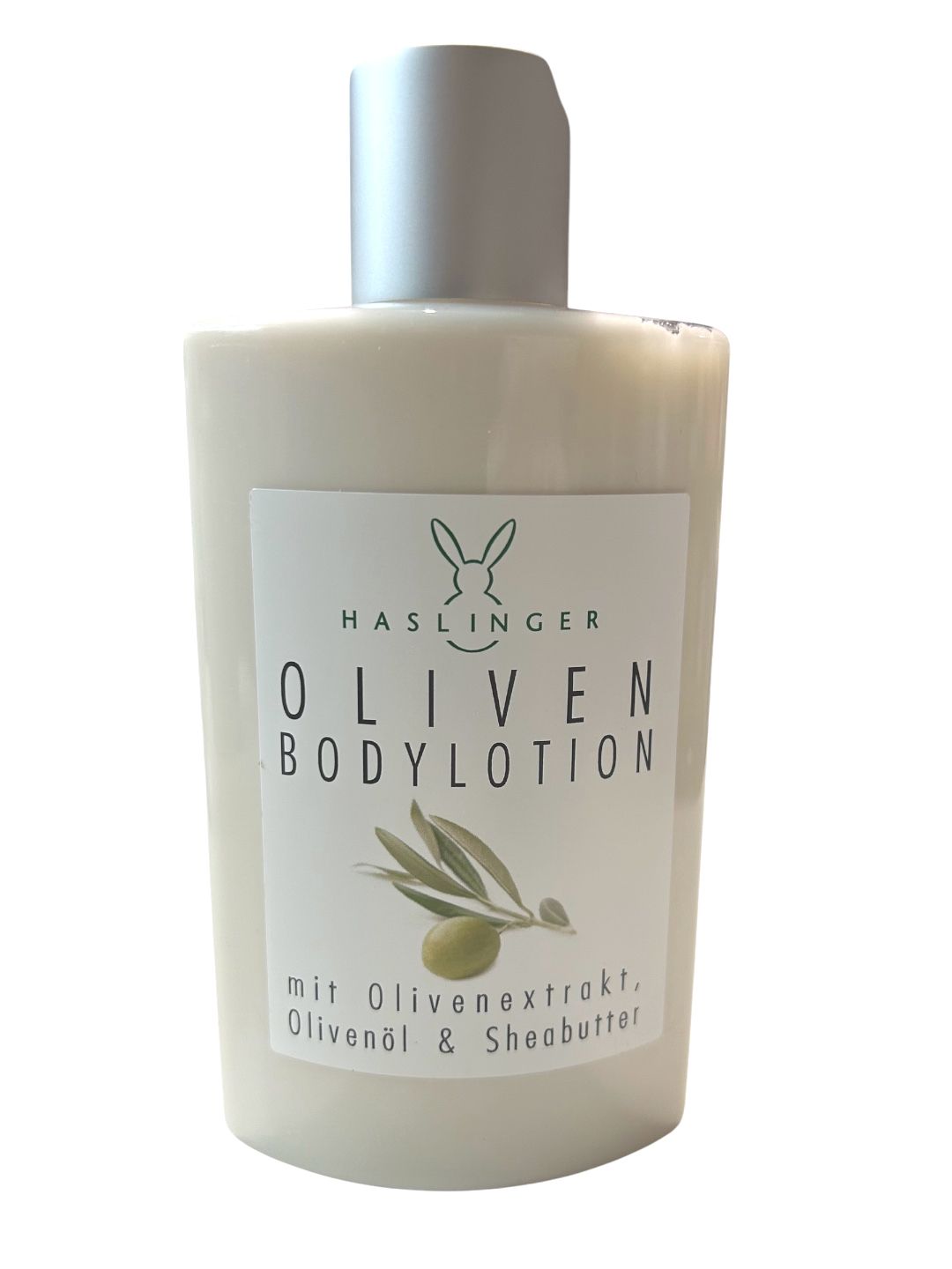 Creme-Flasche mit silbernem Deckel. Aufkleber mit Text: Oliven Bodylotion, Olivenextrakt, Olivenöl & Sheabutter. Haslinger Logo.